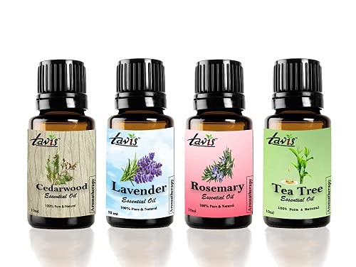 Premium Tavis Essential Oils Set - Cedarwood, Lavender, Rosemary & Tea Tree Oil for Aromatherapy, Skin Care & Relaxation | Natural Therapeutic Grade for Diffusers, Massage & DIY Beauty Products