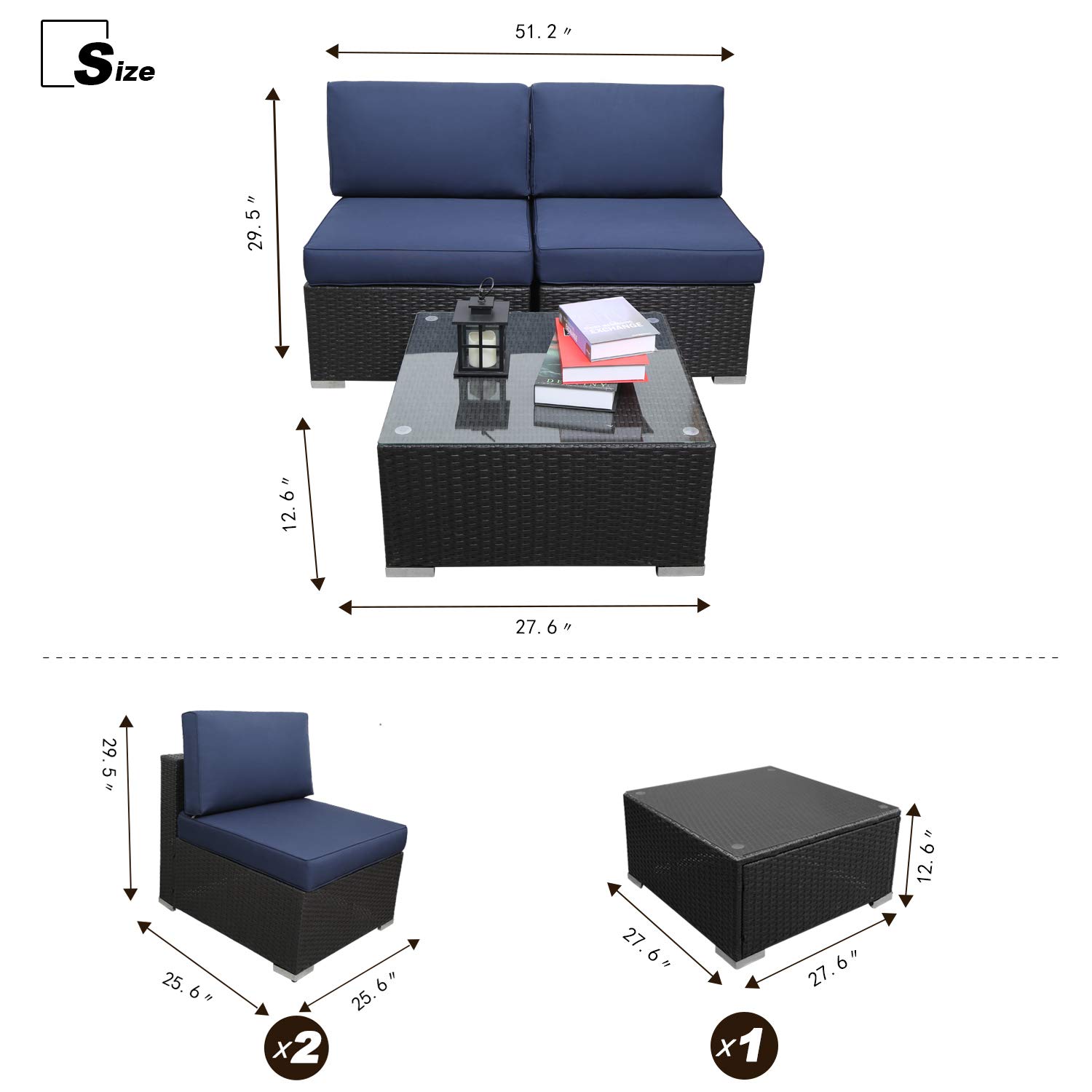 3PCs Outdoor Rattan Sectional Sofa Set - Waterproof Patio Wicker Furniture with Washable Cushions (Dark Blue) for Backyard, Garden & Poolside Relaxation