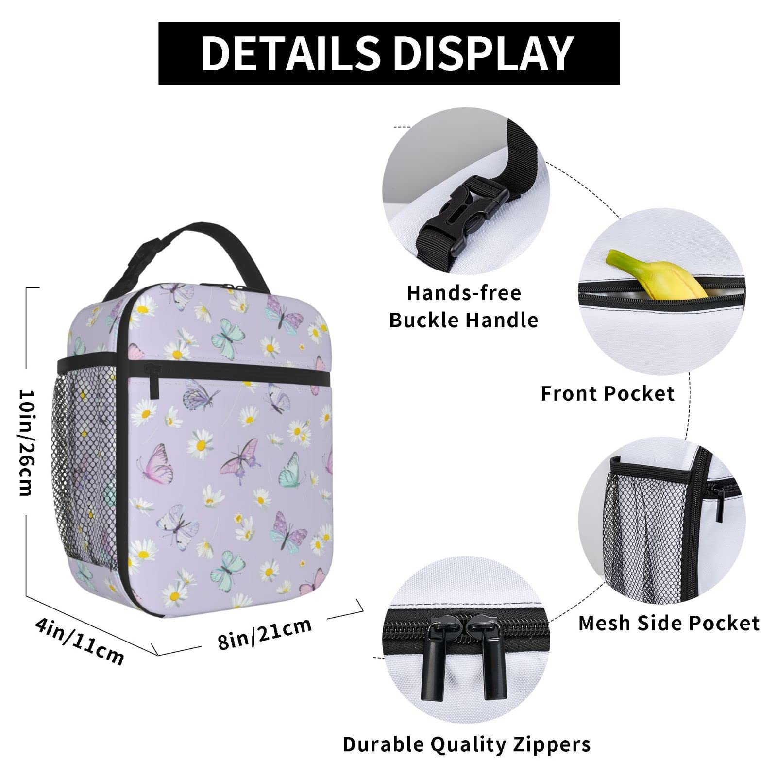SUPLUCHOM Insulated Lunch Bag for Women & Girls - Purple Butterfly Daisy Flower Design, Reusable with Side Pocket, Perfect for Work, School, Picnic, Hiking & Day Trips - BPA Free & Durable (Ages 3+)
