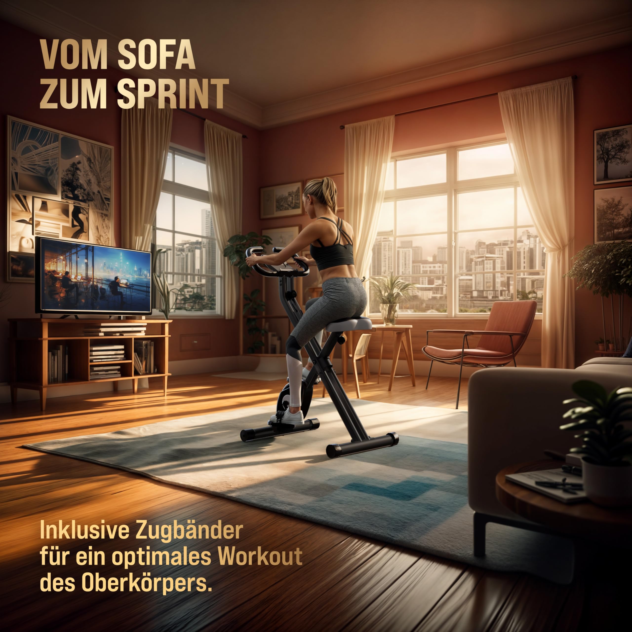SPORTANA® Foldable Exercise Bike for Home Gym - 140KG Weight Capacity, 7 Seat Heights, LCD Display, Training App, 2 Resistance Bands - 4-in-1 Cardio Machine for Indoor Cycling & Full-Body Workout | Perfect for Home Fitness, Weight Loss & Endurance Training