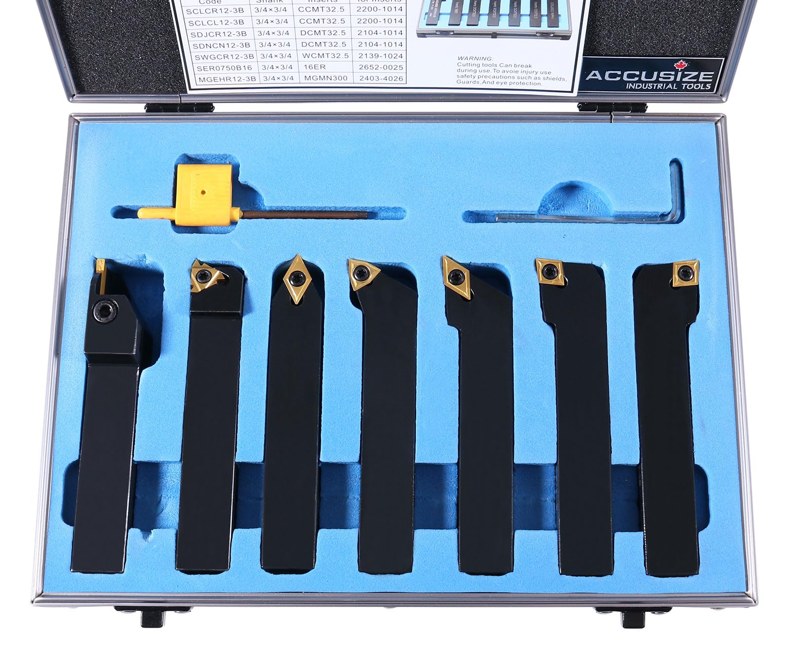 Accusize Industrial Tools 3/4'' Shank 7-Piece Indexable Carbide Turning Tool Set in Fitted Box (2387-2006) - Perfect for Metal Lathe Turning, Facing, and Grooving Operations