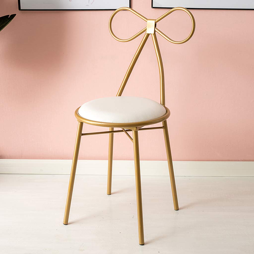 Golden PU Leather Dressing Table Makeup Chair with Ribbon Backrest - Flannel Upholstered Stool for Bedroom, Lounge & Reading - Wrought Iron Dining Chair Furniture (White) - Perfect for Vanity, Home Office & Guest Room Decor