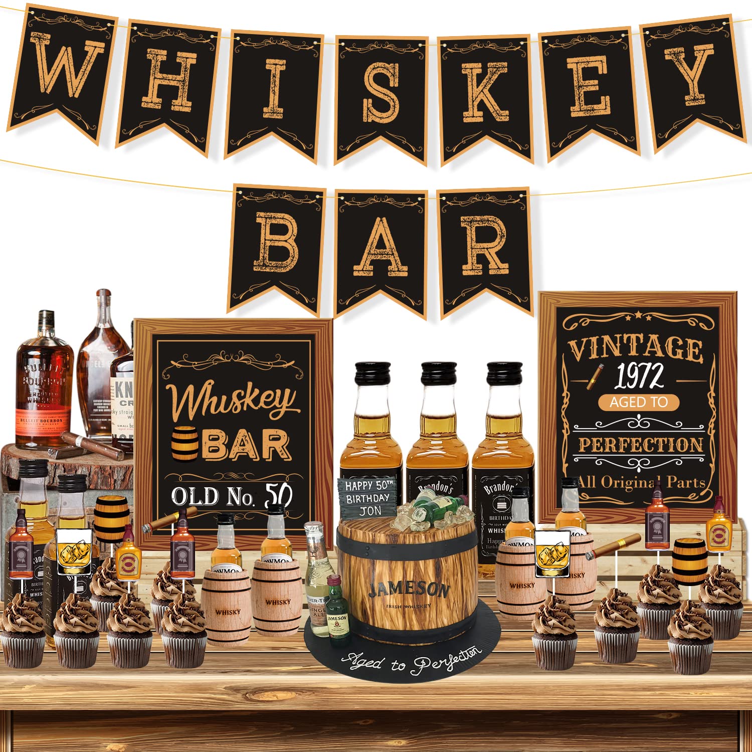 Whiskey Bar Decor Kit - DIY Aged Whiskey Bar Sign & Cake Toppers for Men's 30th 40th 50th Birthday Party Supplies | Perfect for Whiskey Themed Celebrations, Home Bars & Man Cave Decorations