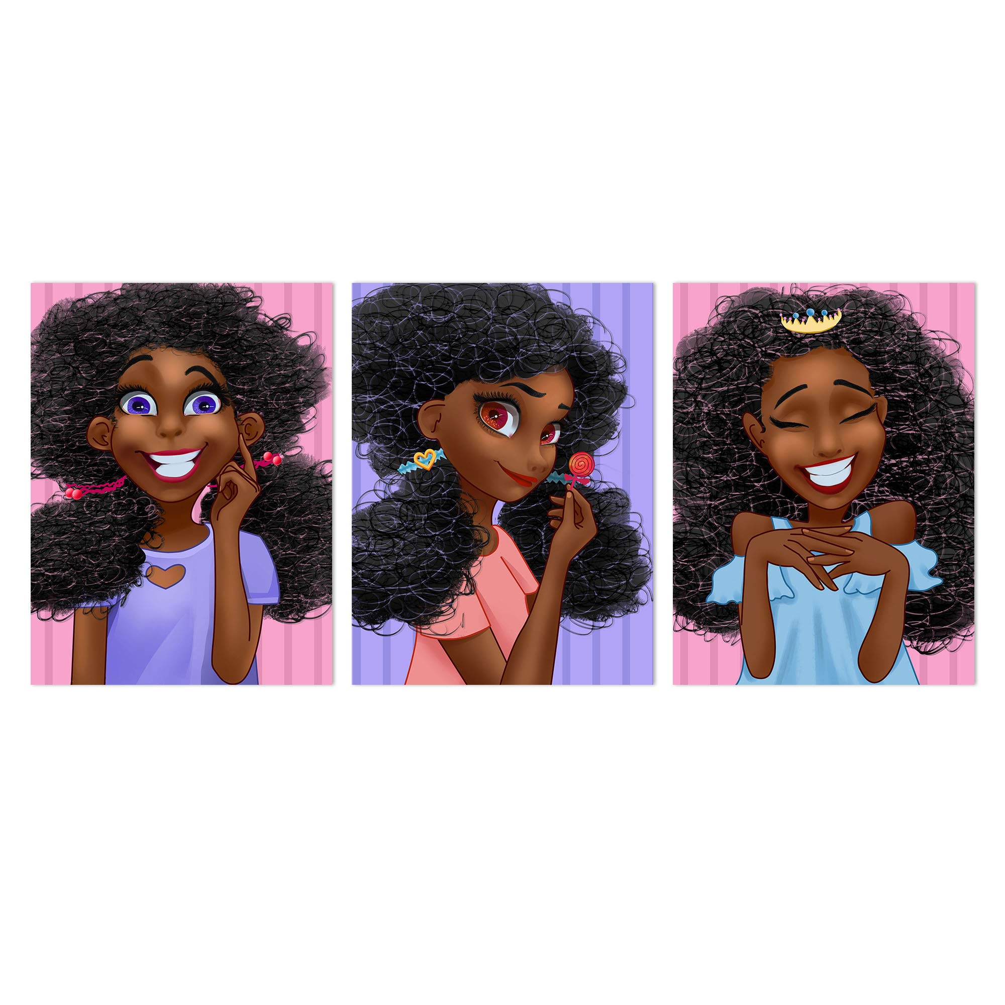 Black Girl Canvas Wall Art 3-Panel Set - Pink Afrocentric Paintings for Girls Bedroom, Kids Room & Nursery Decor - Hippie Wall Art for Living Room, Bathroom, Dorm - Ready to Hang (Perfect for Birthday Gifts, Baby Showers & Room Makeovers)