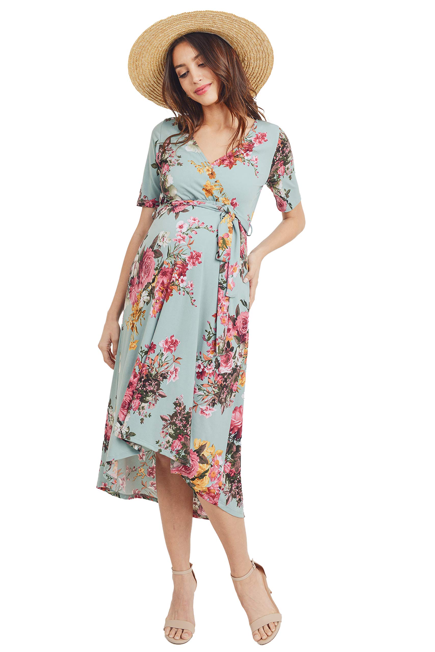 Maternity Wrap Dress for Women - Stretchy Mid-Length Nursing Dress with Adjustable Waist Belt | Perfect for Pregnancy, Breastfeeding & Postpartum Wear