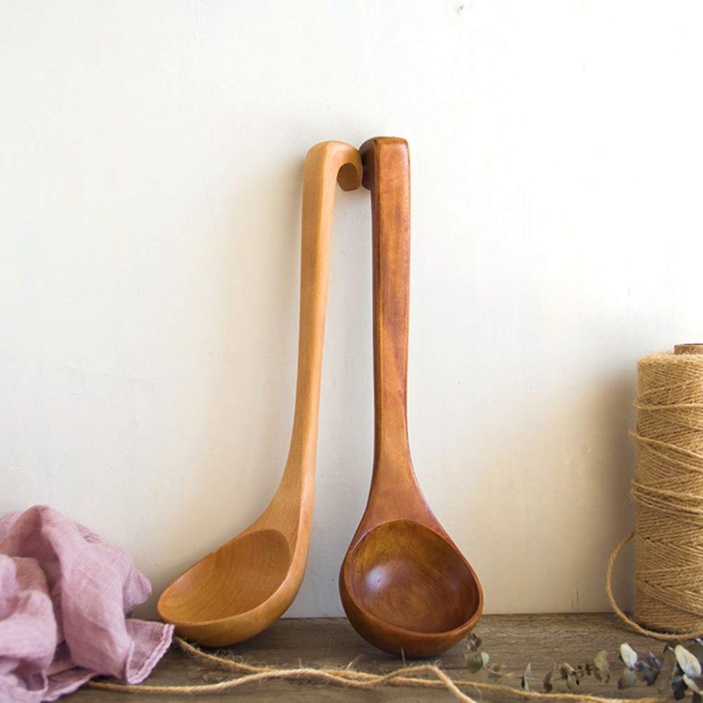 2PCS Wooden Spoons Set - Long Handle Wooden Ladle & Scoop for Cooking, Serving, and Stirring - Japanese Style Kitchen Utensils - Perfect for Soup, Salad, Pasta & Baking - Eco-Friendly Wooden Flatware for Home & Restaurant Use