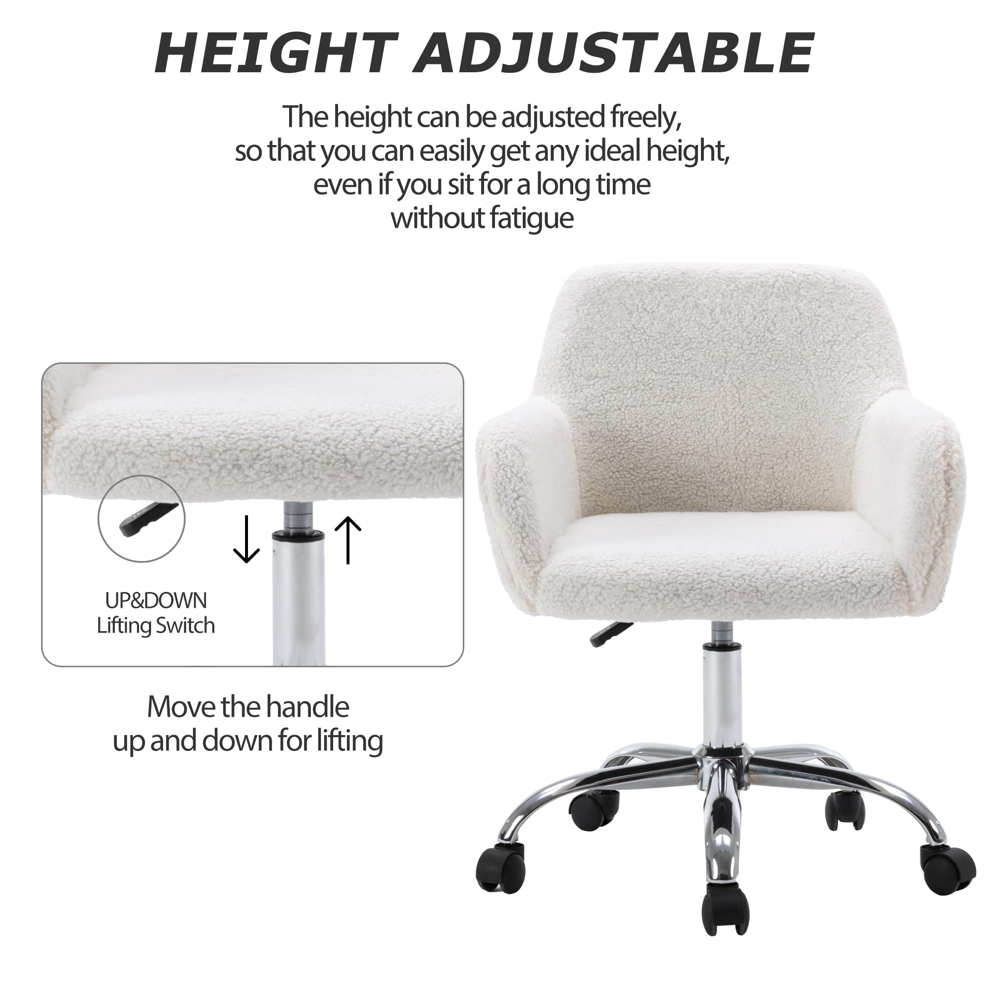 KCC Faux Fur Vanity Makeup Desk Chair - Fluffy Swivel Office Chair with Wheels, Adjustable Height Upholstered Armchair for Women Girls, Elegant Home Office & Bedroom Decor (Pink, White)