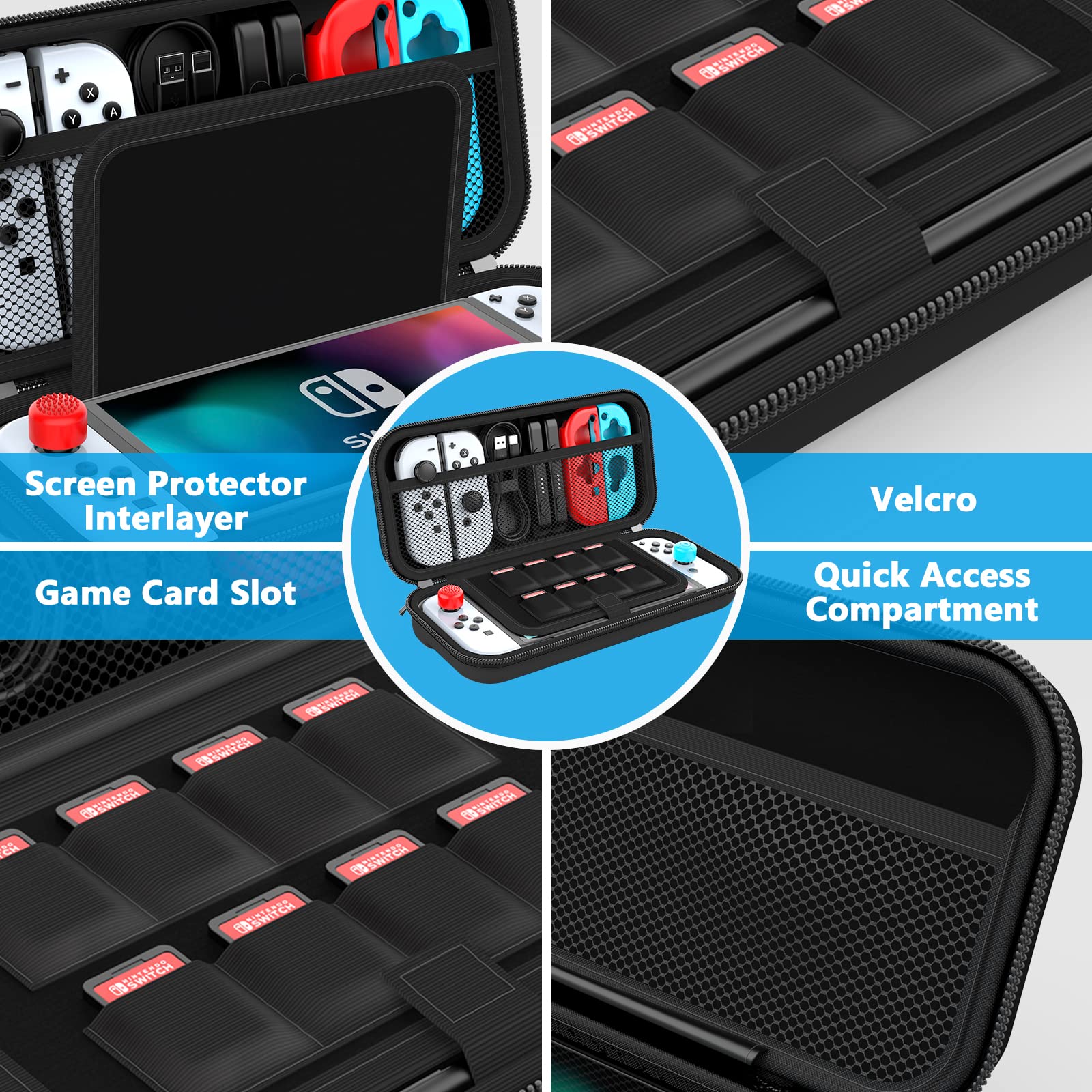 HEYSTOP Protective Case for Nintendo Switch & Switch OLED - Durable Travel Carry Case with Extra Storage Space | Black Unisex Design | Perfect for Gaming On-The-Go & Accessories Organization