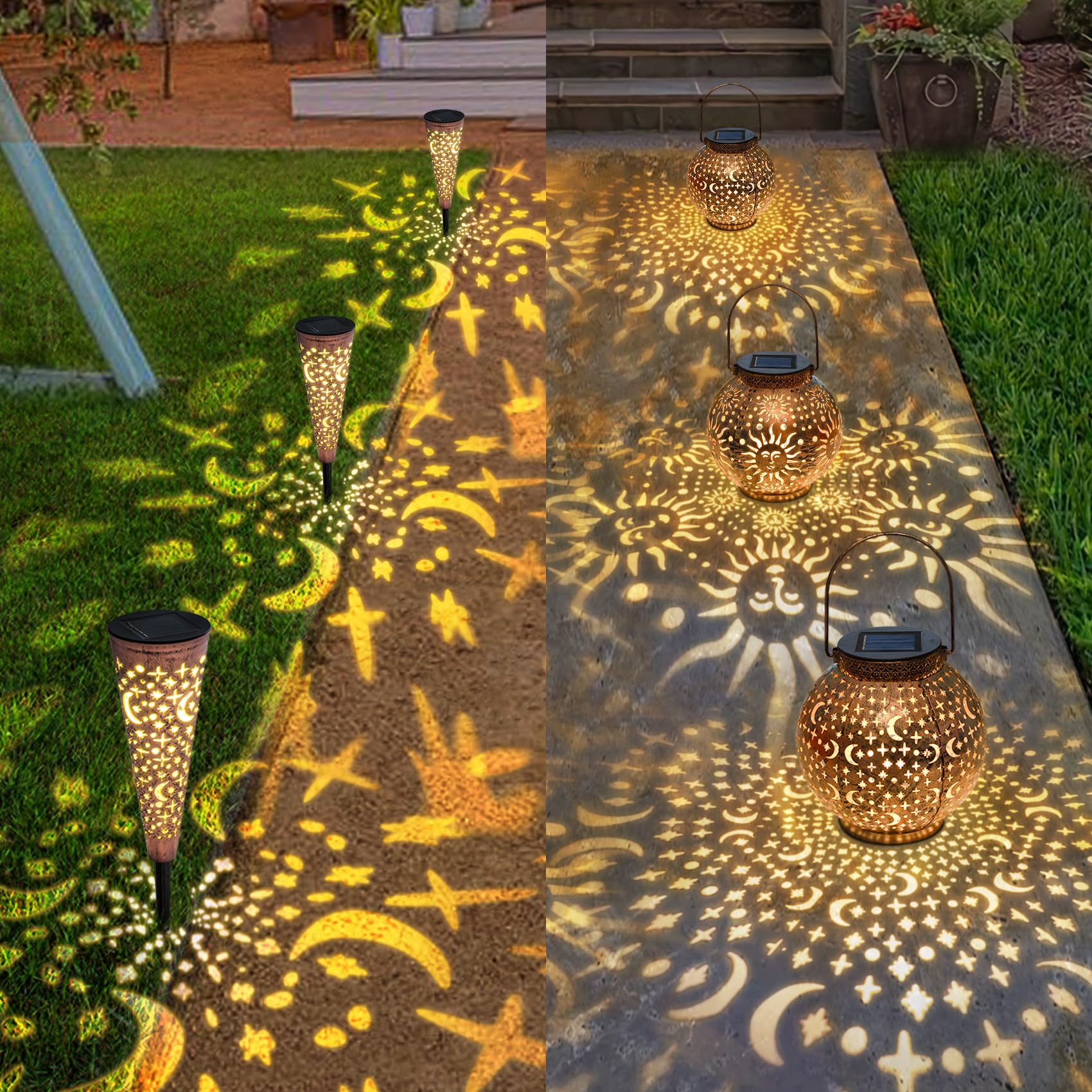 6-Pack Moon Star Solar Garden Lights + 2-Pack Sun Moon Solar Lanterns - Waterproof Outdoor Solar Lights for Pathway, Yard, Patio, Garden Decoration (Warm White) - Perfect for Backyard, Walkway, Landscape Lighting
