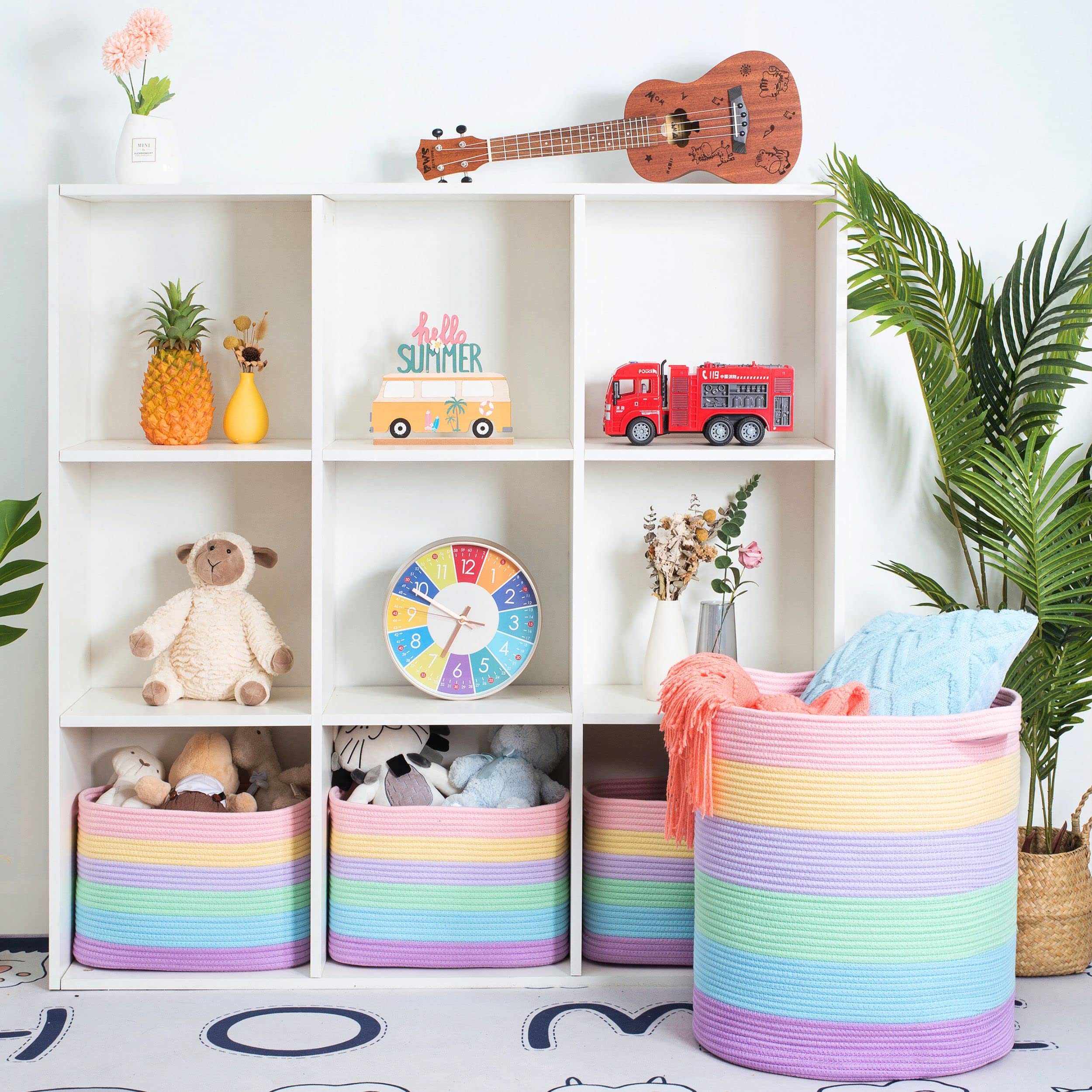 MINTWOOD Extra Large 20x18 Inch Woven Cotton Rope Storage Basket - Pastel Rainbow Laundry Hamper, Blanket Organizer for Bedroom, Living Room & Nursery - Perfect for Towels, Pillows, Toys & Home Decor