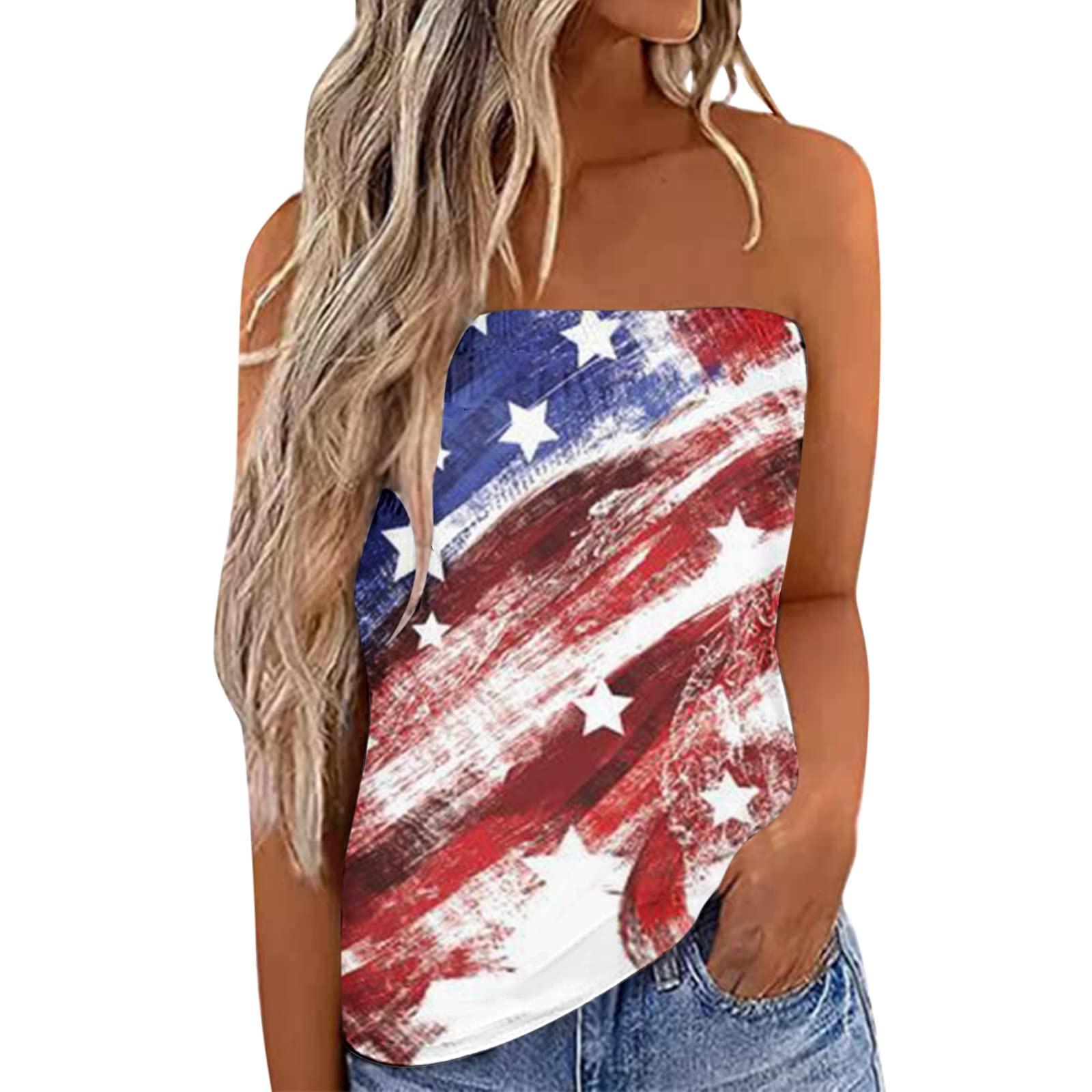 Women's Casual Summer Tops - American Flag Print Strapless Bandeau Tank Top for Women | Sleeveless Beachwear, Music Festival Outfit, Patriotic Holiday Apparel