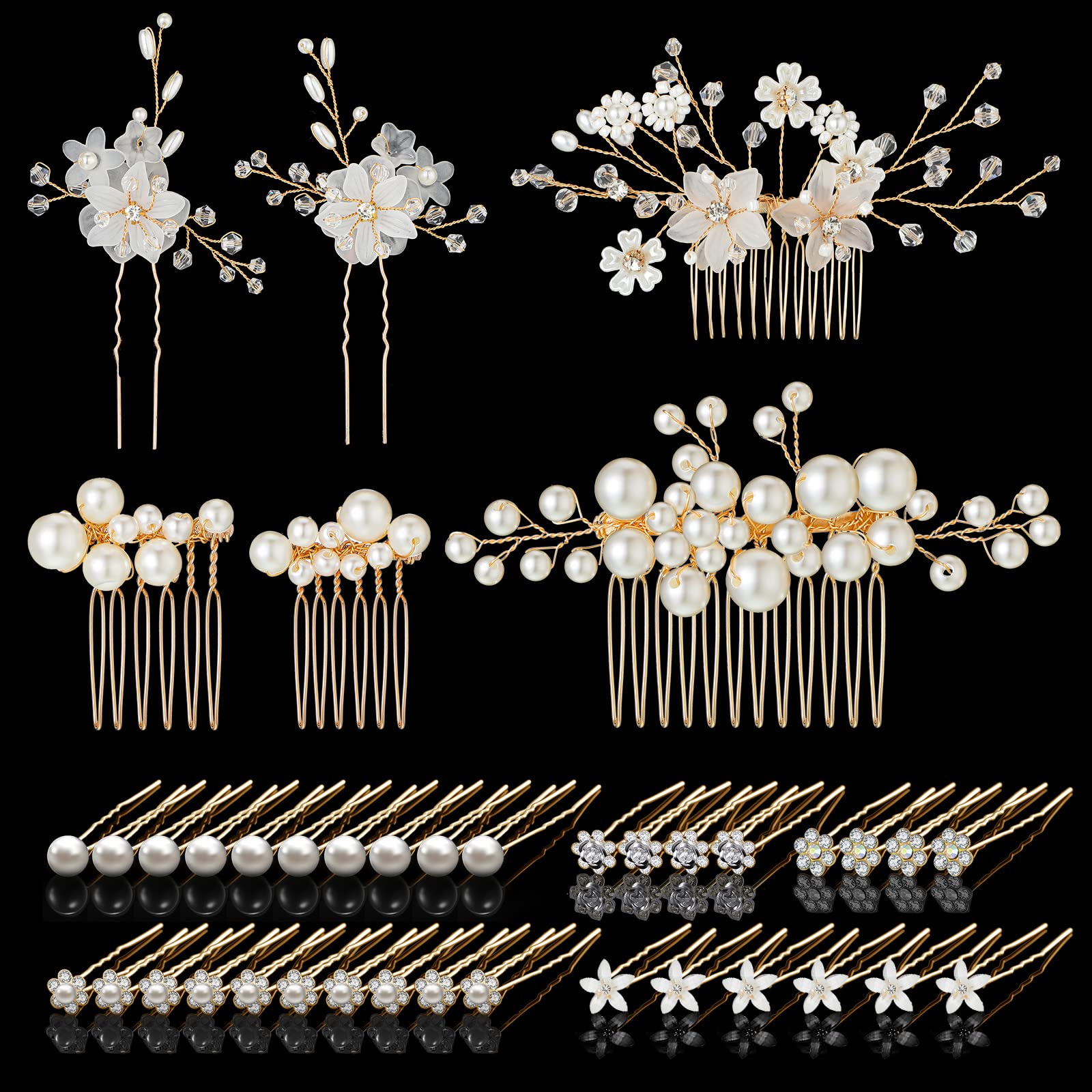 40Pcs Gold & White Floral Hair Clips for Brides - U-Shaped Pearl Crystal Rhinestone Pins, Rose Glitter Headpieces for Women & Girls - Perfect for Weddings, Prom, Parties & Special Occasions