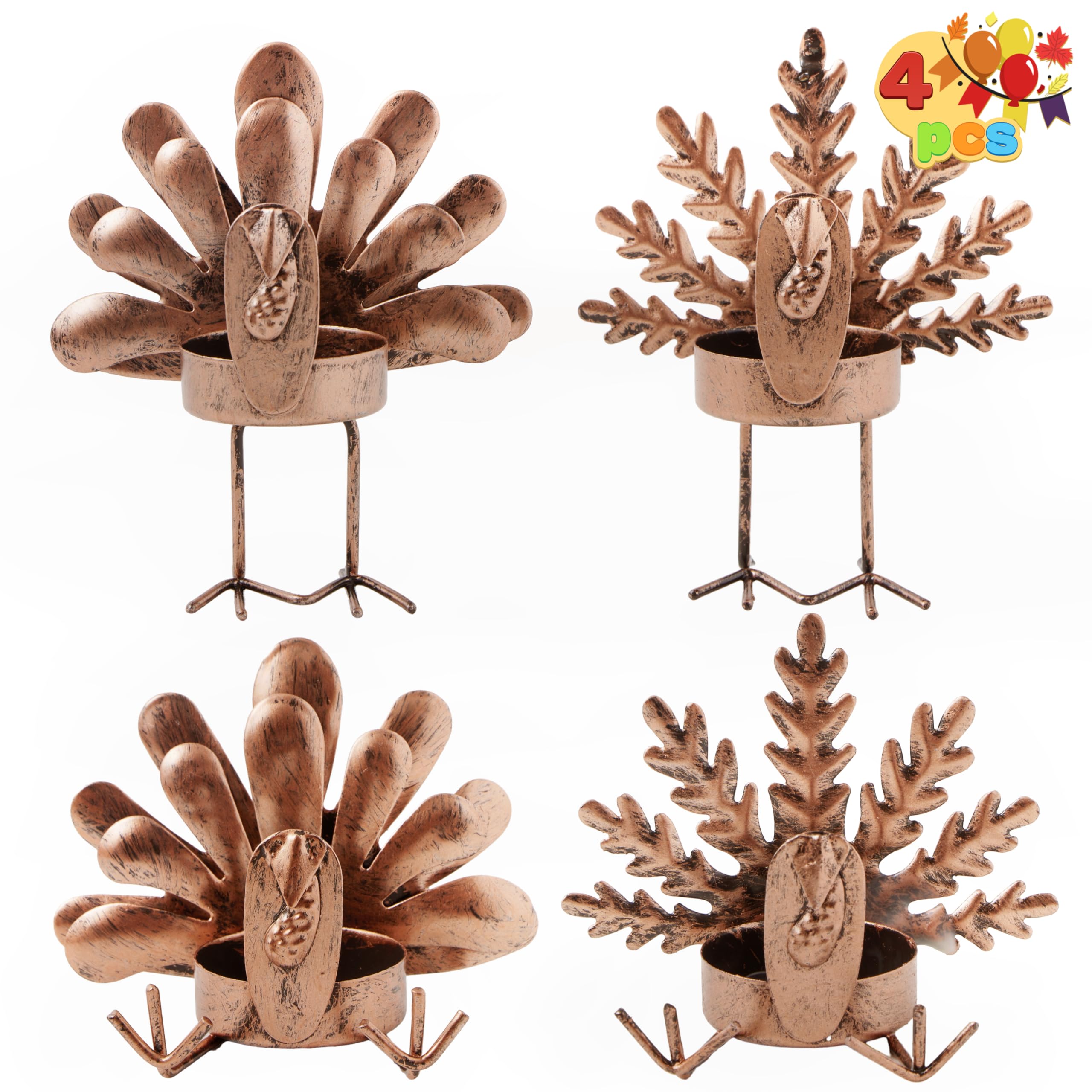 JOYIN 4-Piece Thanksgiving Turkey Tea Light Candle Holders Set - Fall Centerpiece Decor for Table, Kitchen & Home - Perfect for Thanksgiving Dinner, Autumn Parties & Seasonal Home Decoration