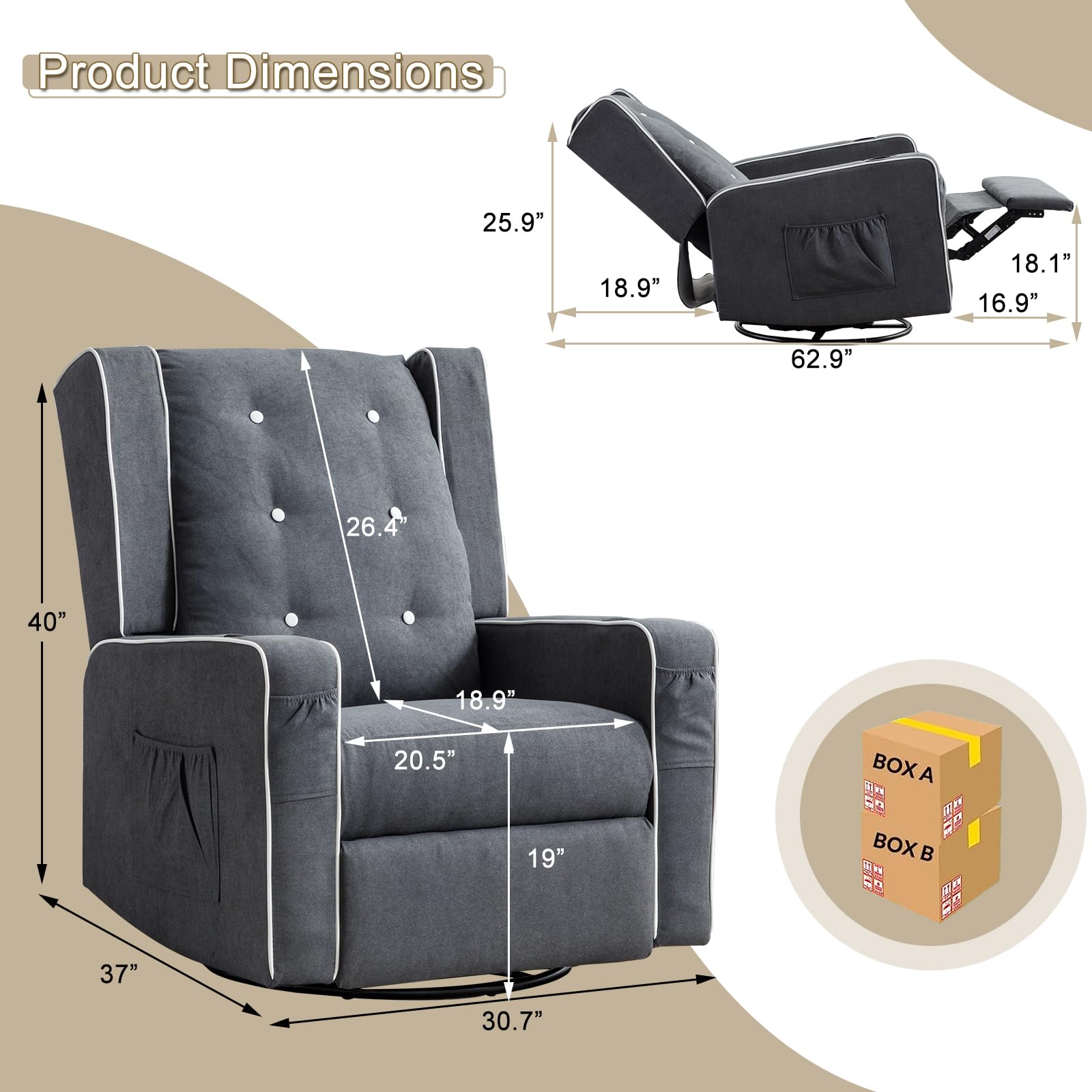 Swivel Rocker Recliner Chair - Upholstered Nursery Glider with Cup Holders | Manual Reclining Rocking Chair for Baby Room, Living Room & Bedroom | Perfect for Nursing, Relaxing & Reading
