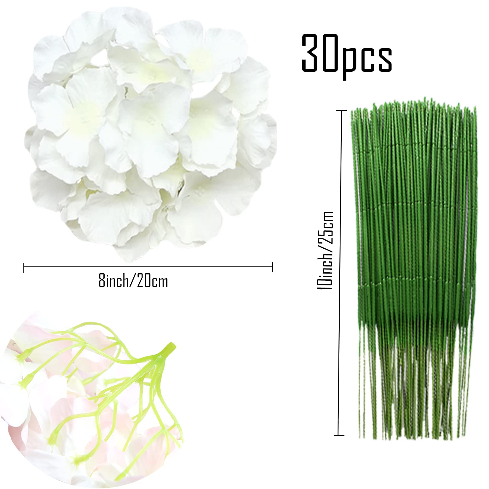 FagusHome 30 Pcs 8 Inch Large Silk Hydrangea Flower Heads with Stems - Realistic Artificial Flowers for Wedding, Home, Office, and Party Decorations