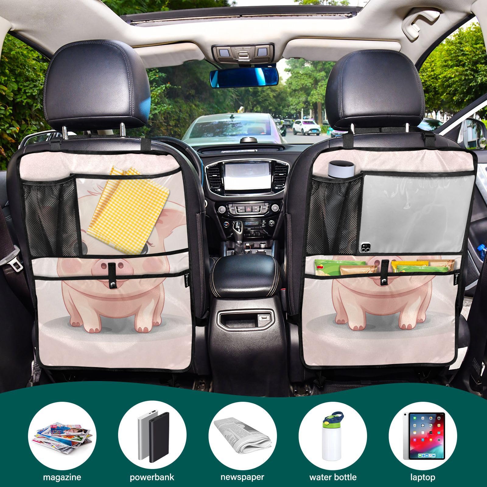 Premium 2-Pack Cute Cartoon Pig Kick Mats – Durable Back Seat Protector for Kids with 3 Storage Pockets | Car Seat Organizer for Child Feet | Fits Most Trucks, SUVs & Vehicles | Perfect for Road Trips & Family Travel