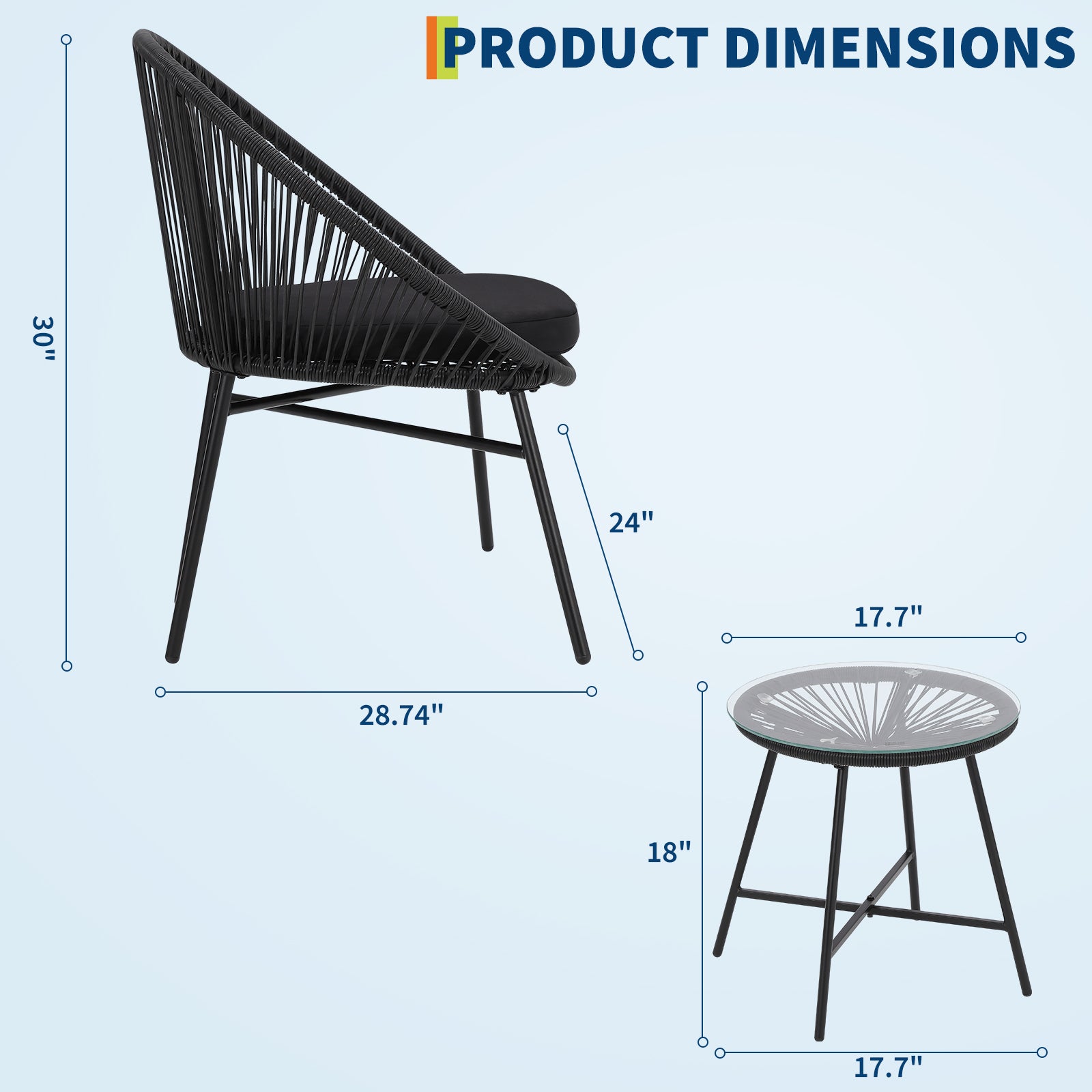 GARVEE 3-Piece Acapulco Chair Set - All-Weather Wicker Patio Furniture with Cushions, Glass Top Table & 2 Chairs - Modern Outdoor Bistro Set for Garden, Poolside, Deck & Backyard (Black)