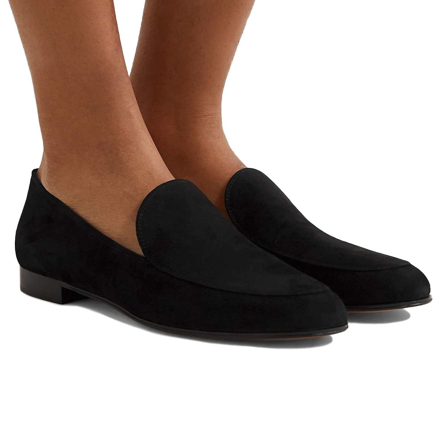 Women's FOWT V-Cut Loafers - Slip On Ballet Flats with Round Toe & Low Block Heel | Black Velvety Suede Casual Shoes for Summer | Comfortable Soft Walking Shoes (US Size 4-16) | Perfect for Office, Travel & Everyday Wear