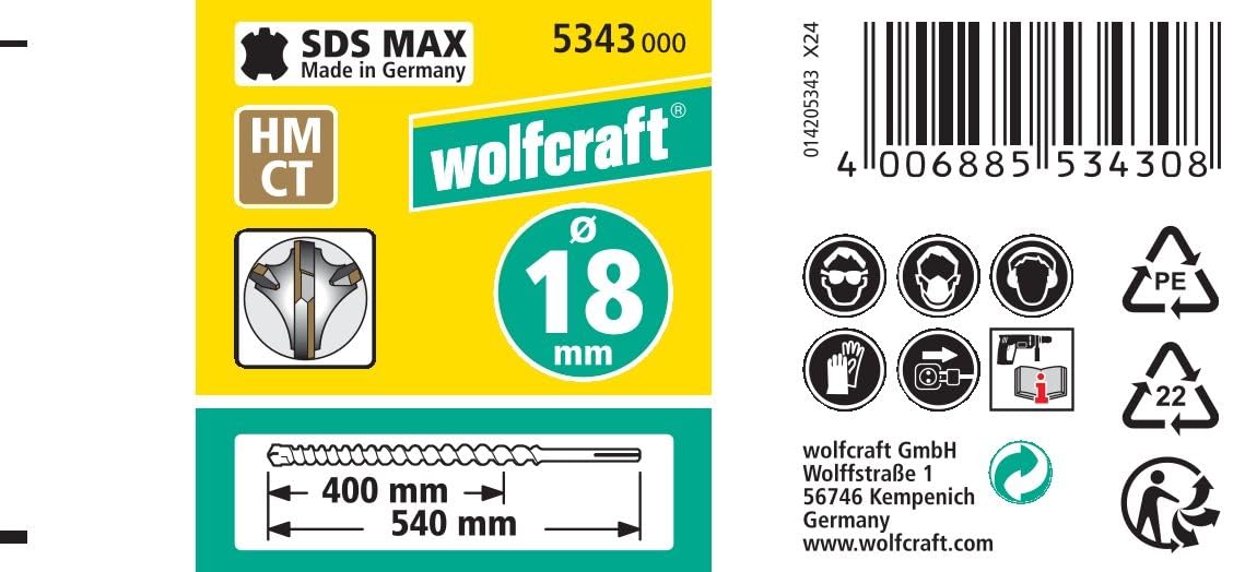 Wolfcraft 5343000 18 x 540mm SDS-Max Shank Hammer Drill - Heavy Duty Rotary Hammer for Concrete, Masonry & Demolition - Perfect for Construction & Renovation Projects