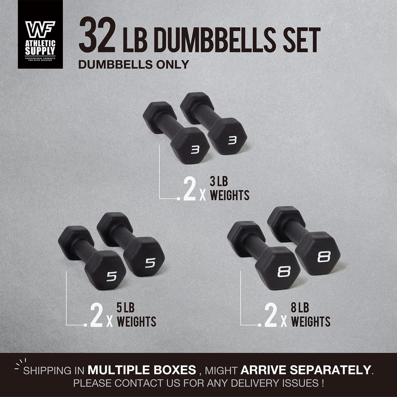 WF Athletic Supply Black Neoprene Dumbbell Set - Non-Slip Hex Shaped Weights for Muscle Toning, Strength Training & Weight Loss | Multiple Sizes Available (Dumbbells Only or with Rack) | Perfect for Home Gym, CrossFit & Fitness Enthusiasts