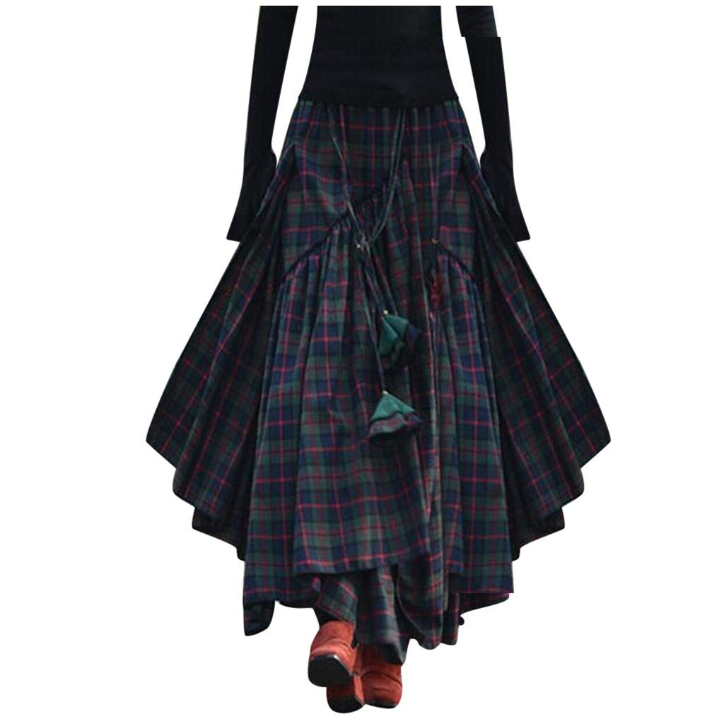 Women's Casual High Elastic Waist Maxi Skirt - A-Line Plaid Irregular Hem Loose Fit Flare Pleated Long Skirt for Summer, Beach, Travel & Everyday Wear