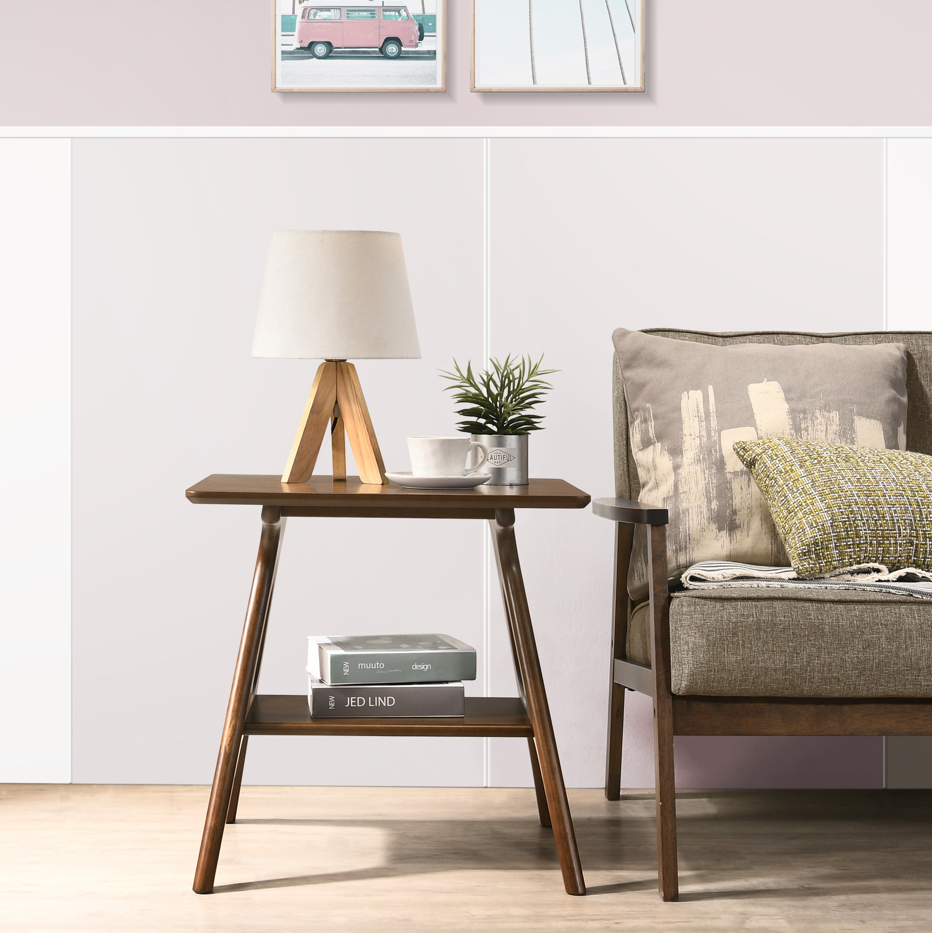 Roundhill Furniture Arona Mid Century Modern Wood Shelf End Table - Stylish Living Room Side Table with Storage for Books & Decor | Perfect for Small Spaces, Apartments & Bedrooms
