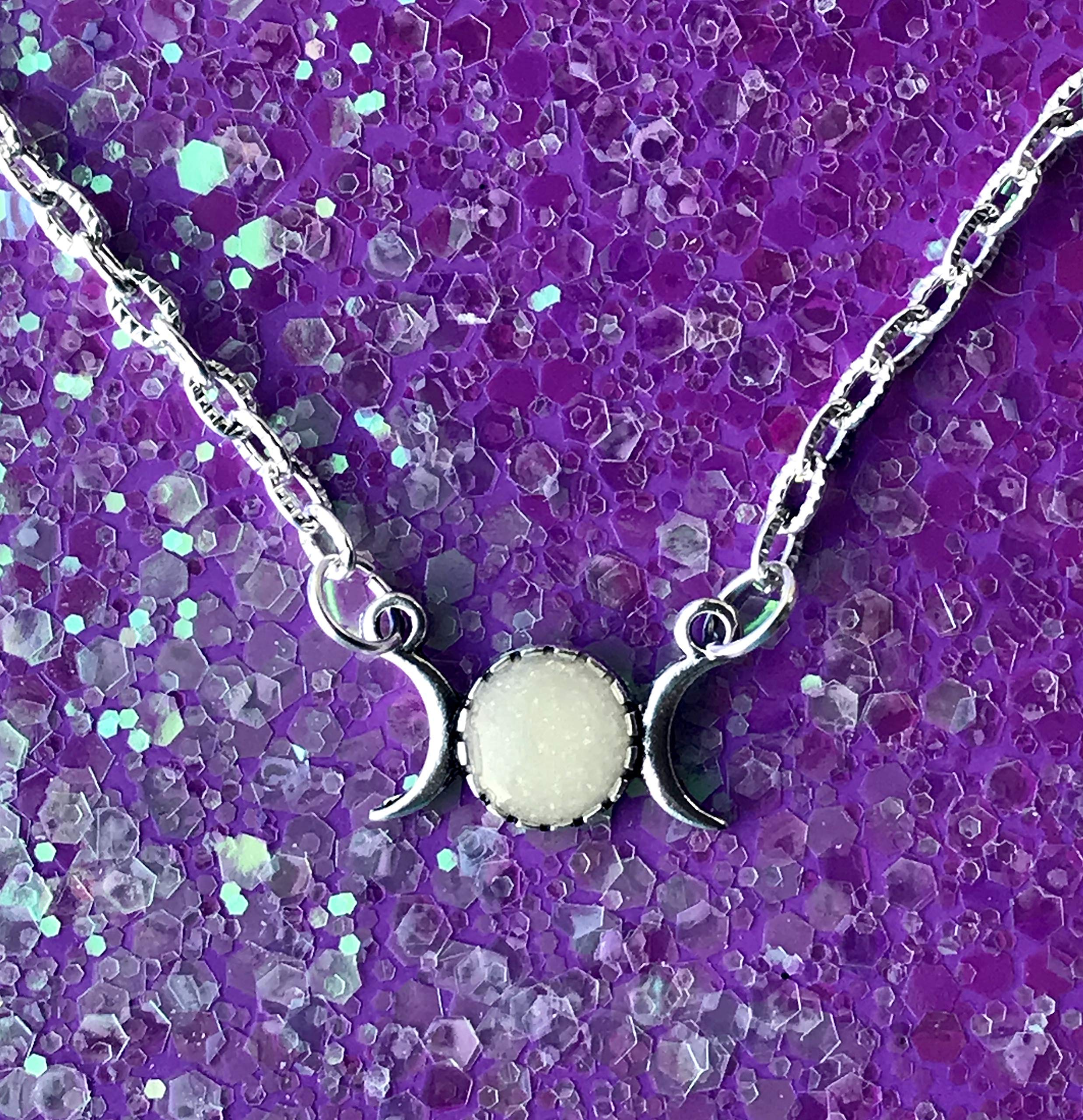 Triple Moon Glow in The Dark Charm Necklace with Opal Finish - Witchy Jewelry for Wiccan Rituals, Pagan Altars & Gothic Fashion Accessories