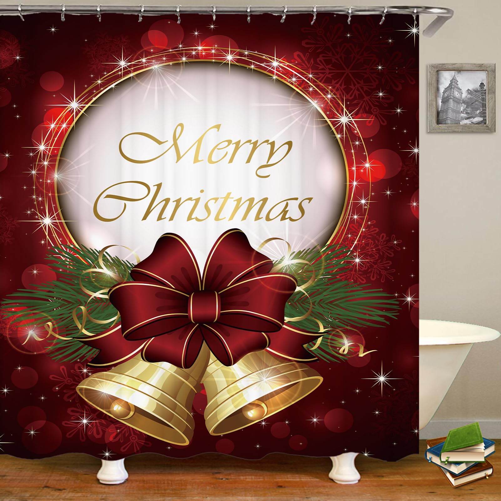 Waterproof Christmas Shower Curtain Set with Matching Bath Rugs - Holiday Bathroom Decor with Xmas Tree & Bells Design - Perfect for Festive Home Decor, Guest Bathrooms & Seasonal Celebrations