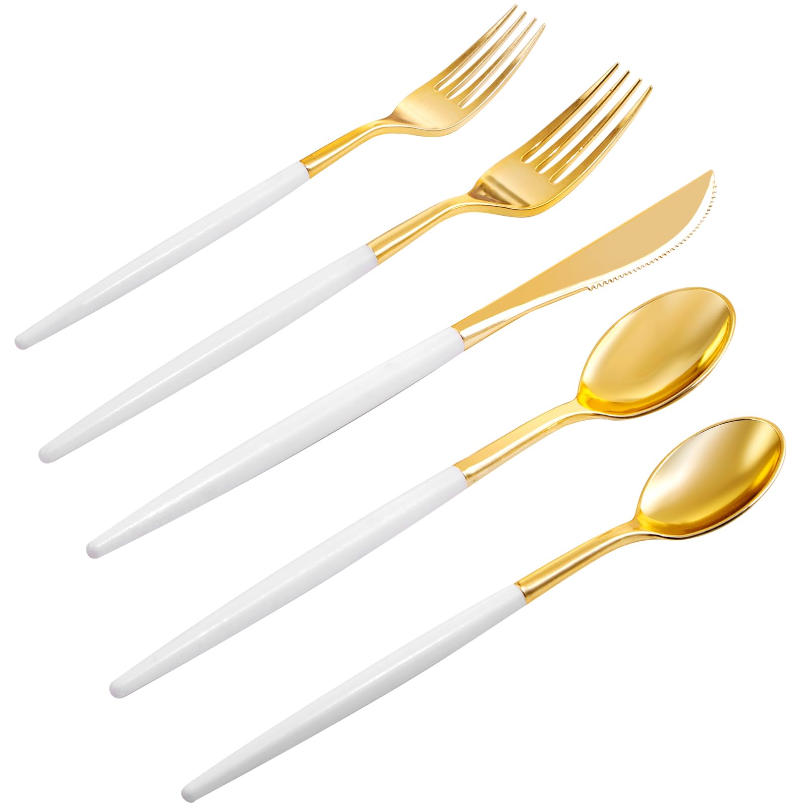 96 Pcs Gold Plastic Silverware Set - Disposable Gold Utensils with White Handle (32 Knives, 64 Spoons & Forks) for Wedding, Party, Catering & Events - Elegant Disposable Cutlery for Special Occasions