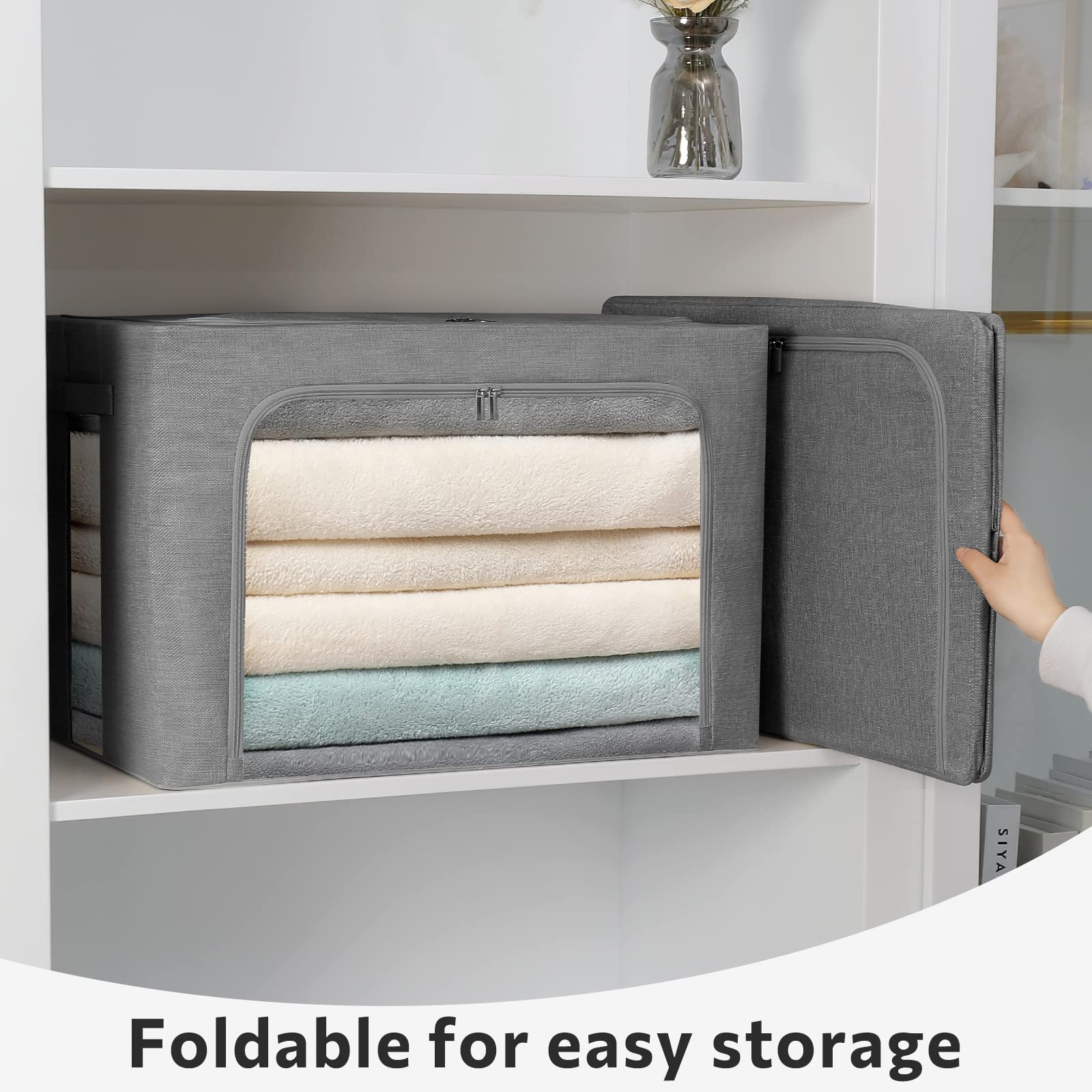 2 Pack Clear Stackable Fabric Storage Bins with Handles - Foldable Clothes Organizer Box (36L, Gray, 15.7x11.8x11.7 Inch) - Perfect for Closet, Bedroom, Nursery & Office Organization