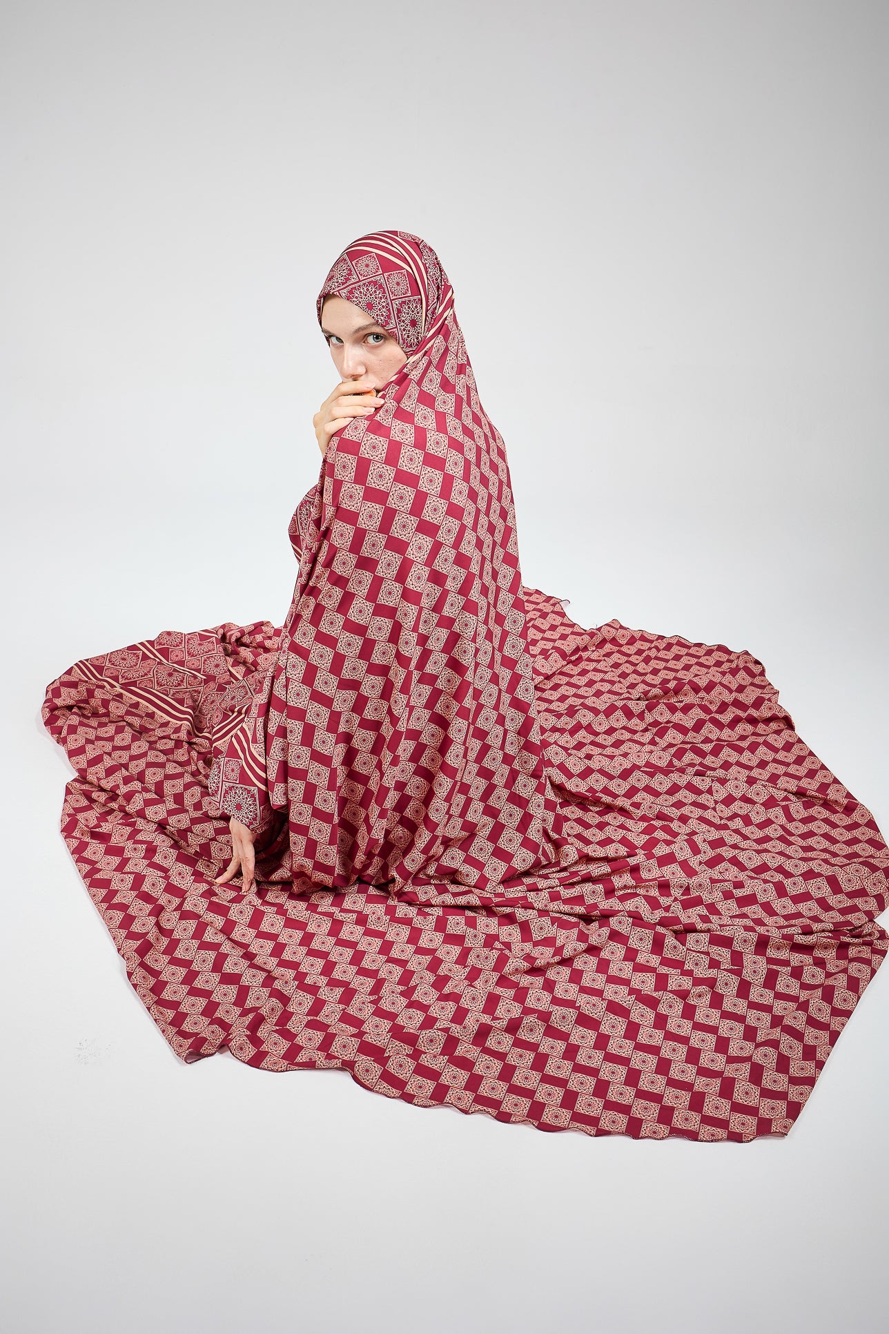 Basira Satin Prayer Gown with Geometric Floral Print - Modest Islamic Dress for Hijab Wearers - Perfect for Salah, Eid, and Special Occasions