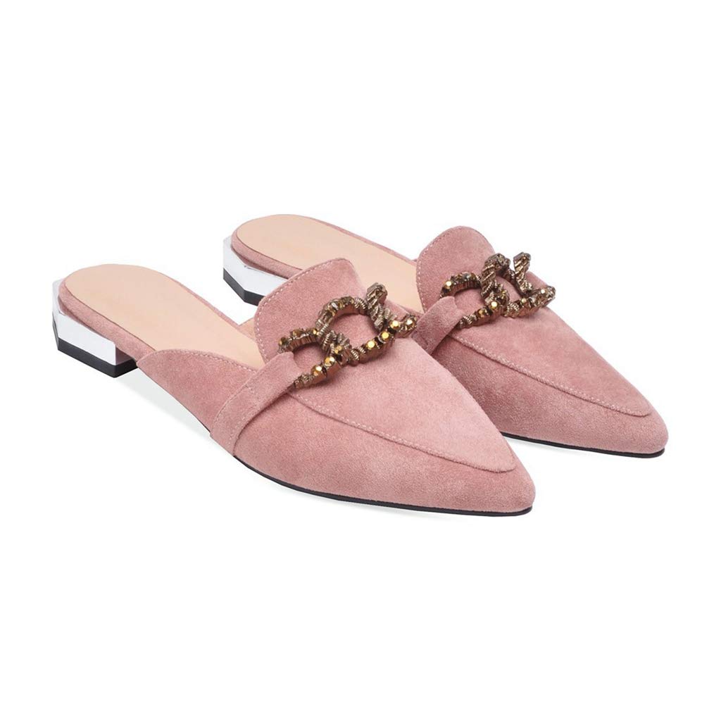 Mioke Women's Pointed Toe Buckle Mules - Flat Slip On Backless Loafers with Low Heel - Comfortable Dress Slippers for Work, Office & Casual Wear (Pink)