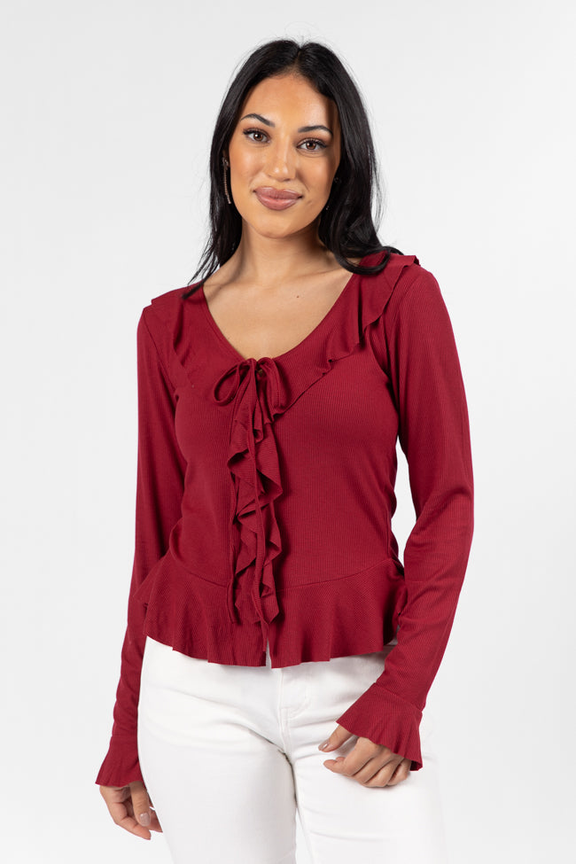 Elegant Wine Ruffle Detail Ribbed Blouse for Women - Perfect for Date Nights & Special Occasions - Final Sale