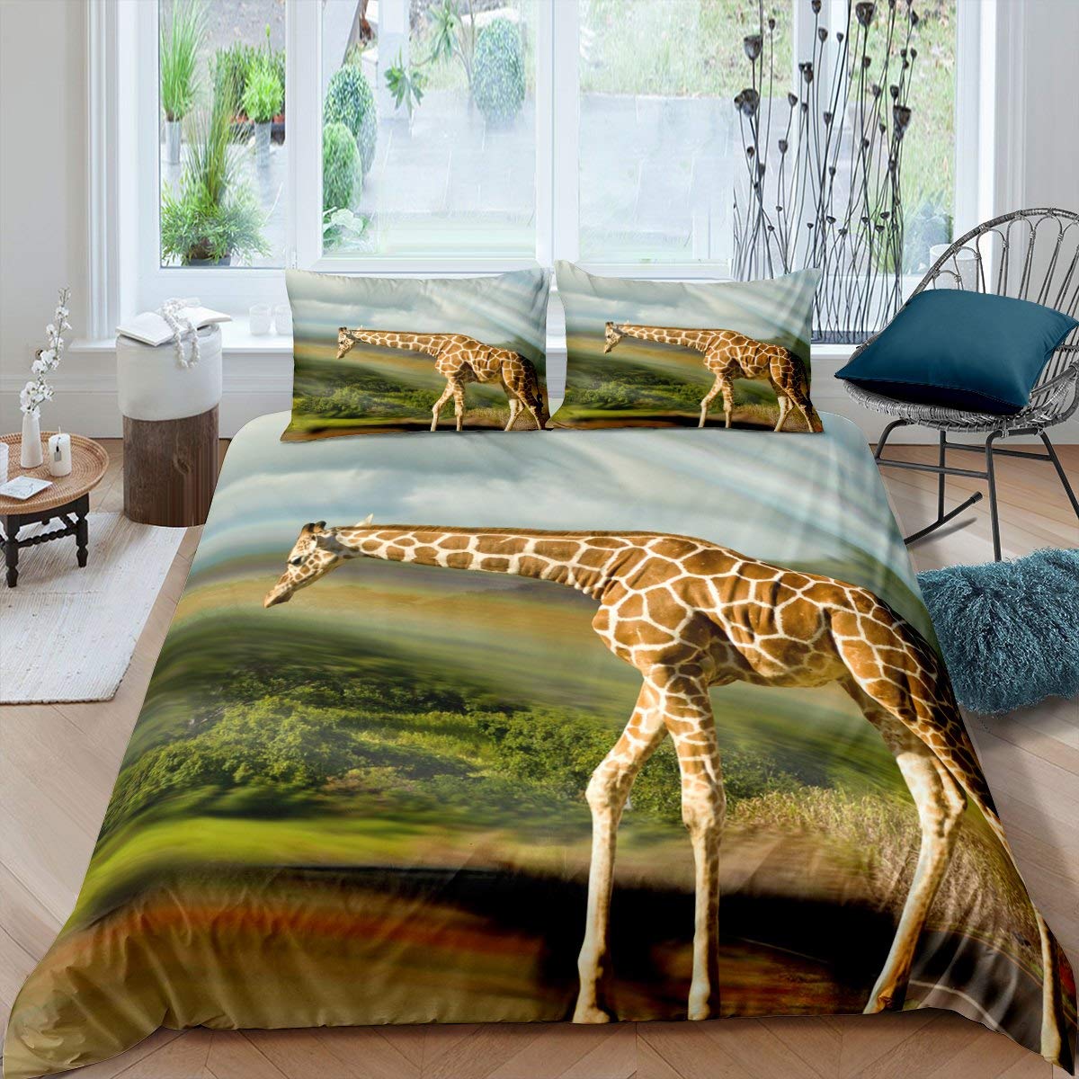 3D Printed Walking Giraffe Duvet Cover Set - Twin Size Herbivore Animal Theme Bedding (1 Duvet Cover + 1 Pillowcase) for Teens & Kids - Endless Grassland Design - Perfect for Jungle Safari Themed Bedrooms & Wildlife Lovers' Decor