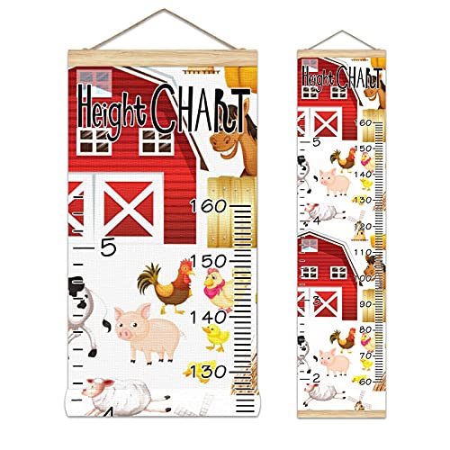 Wooden Kids Growth Chart Ruler - 13.4x56 Inch Wall Mounted Height Measure with Farm Animal Design (Horse & Red Barn) - Perfect for Nursery, Bedroom & Playroom Decor | Durable Linen Hanging Growth Tracker for Children's Room