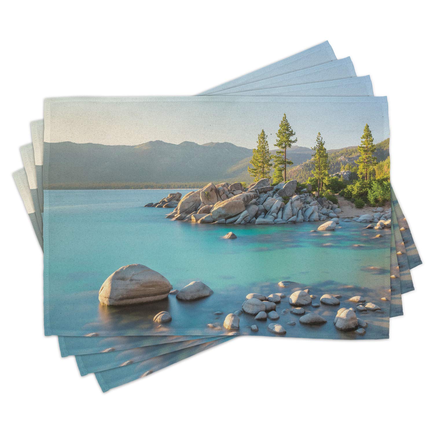 Ambesonne Lake Placemats Set of 4 - Pastoral Spring Scenery Countryside Lake Beach Design, Washable Fabric Table Mats for Dining Room & Kitchen Decor (Blue Grey) | Perfect for Spring Parties, Outdoor Picnics & Farmhouse Style Home Decor