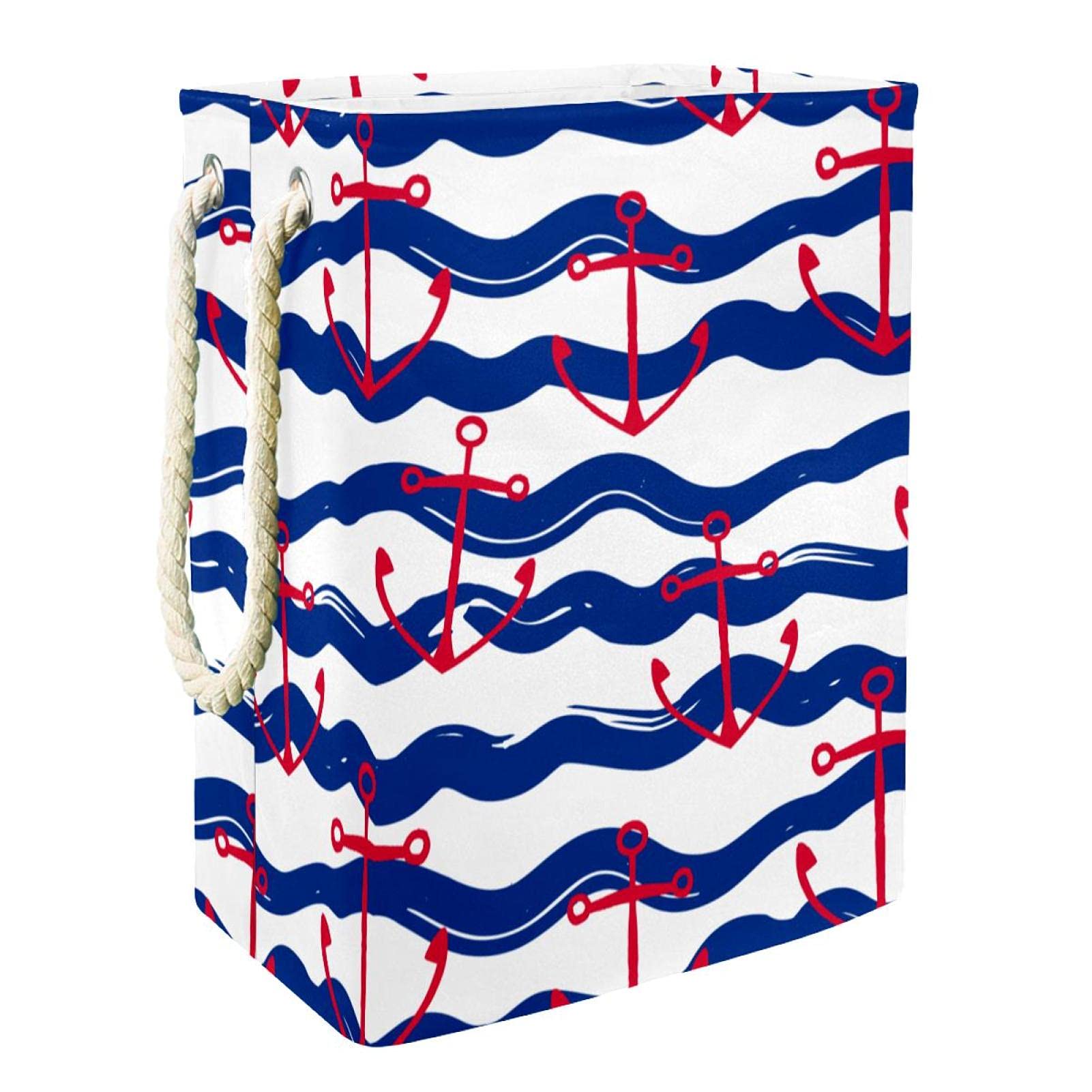 Large Waterproof Collapsible Laundry Hamper with Wavy Blue Stripes & Anchor Design - Foldable Storage Basket with Carry Handle for Kids Room, Home Organization | Perfect for Laundry, Toys & Clutter Storage