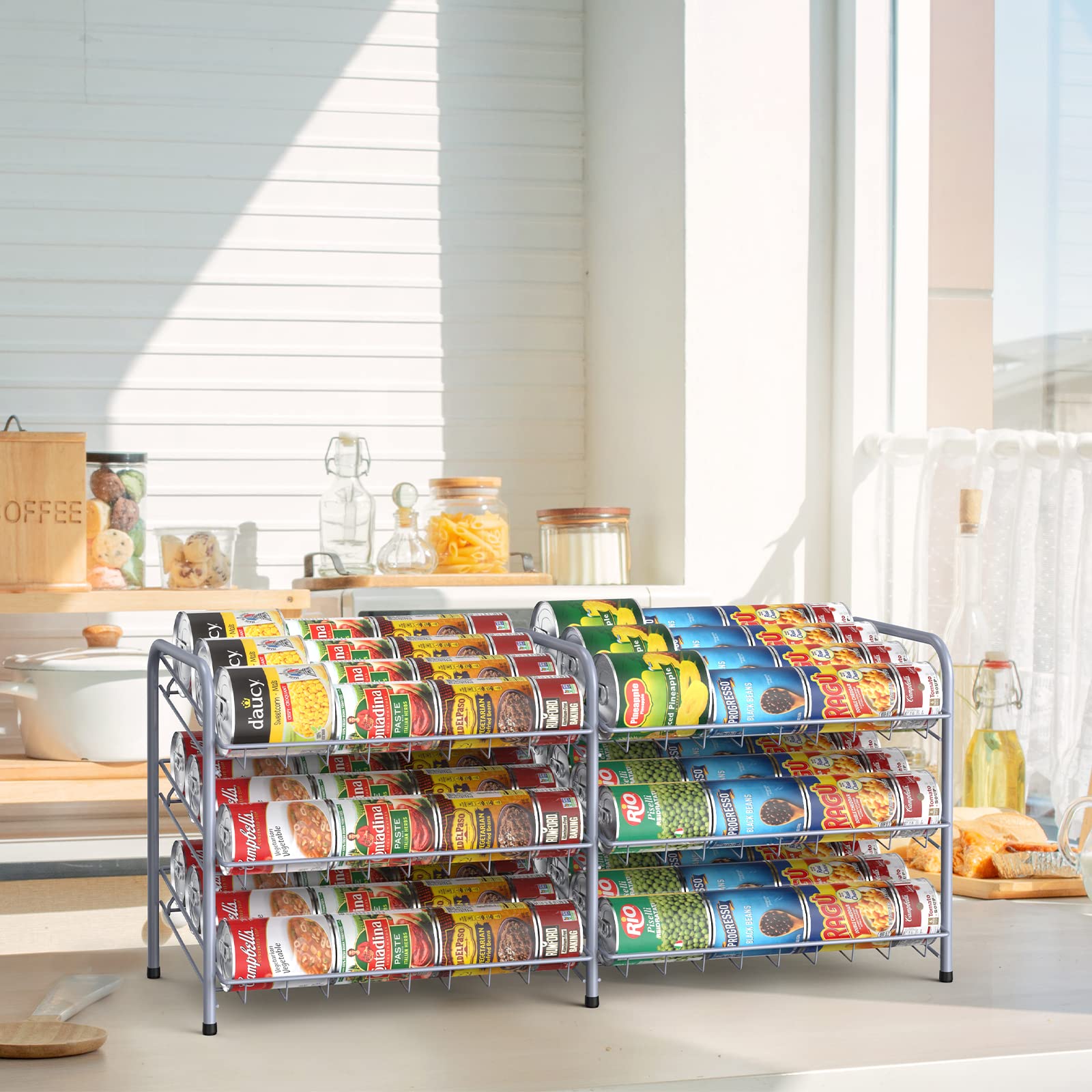 3-Tier Can Organizer for Pantry - Holds 72 Cans | Space-Saving Can Dispenser Rack for Kitchen Cabinets & Countertops | Durable Silver Metal Canned Food Storage Solution (Perfect for Small Kitchens & Pantry Organization)