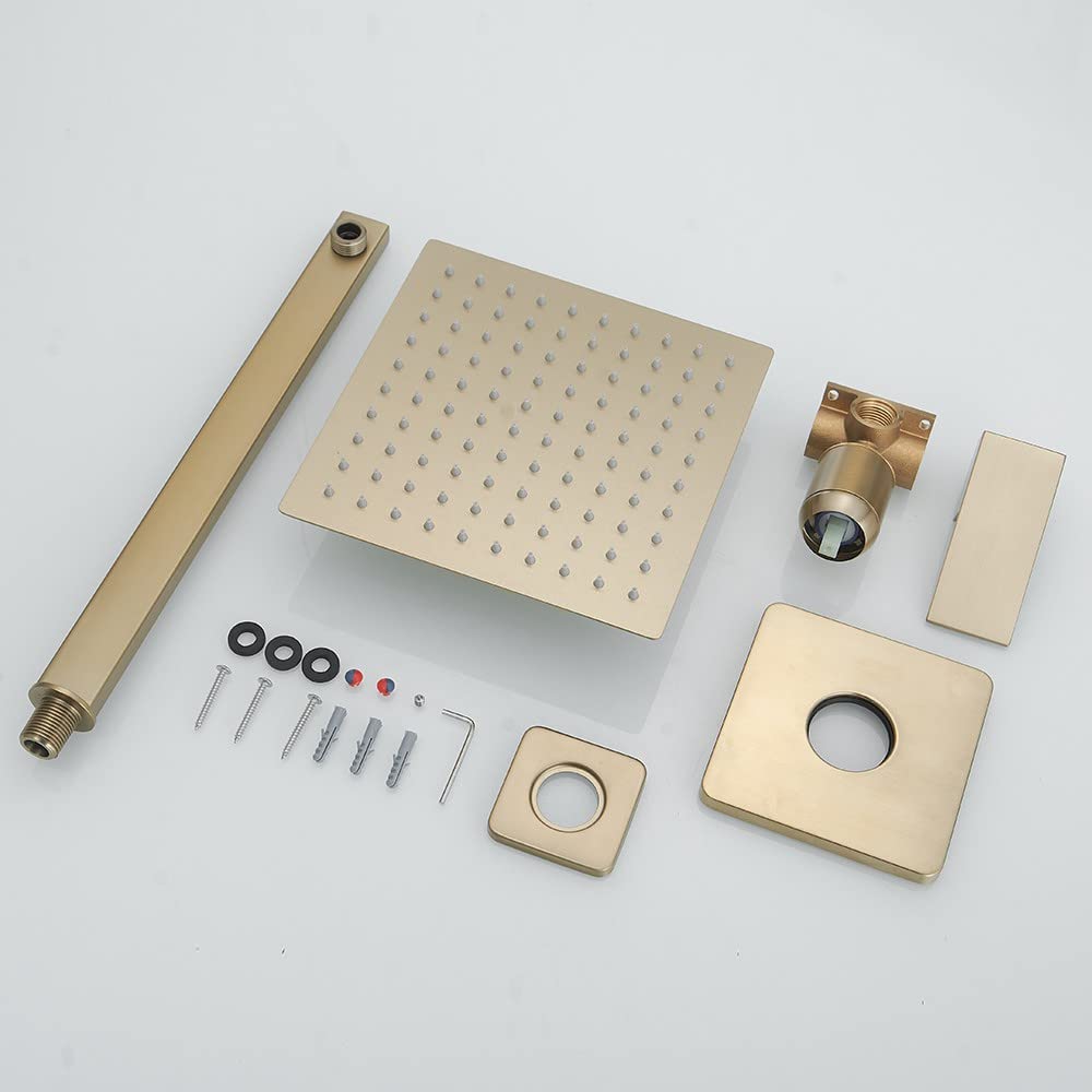 Brushed Gold Shower Faucet Set - Single Function Shower Trim Kit with Rough-in Valve, Square Rain Shower Head & Extra Long Shower Arm | Modern Bathroom Upgrade for Spa-Like Experience