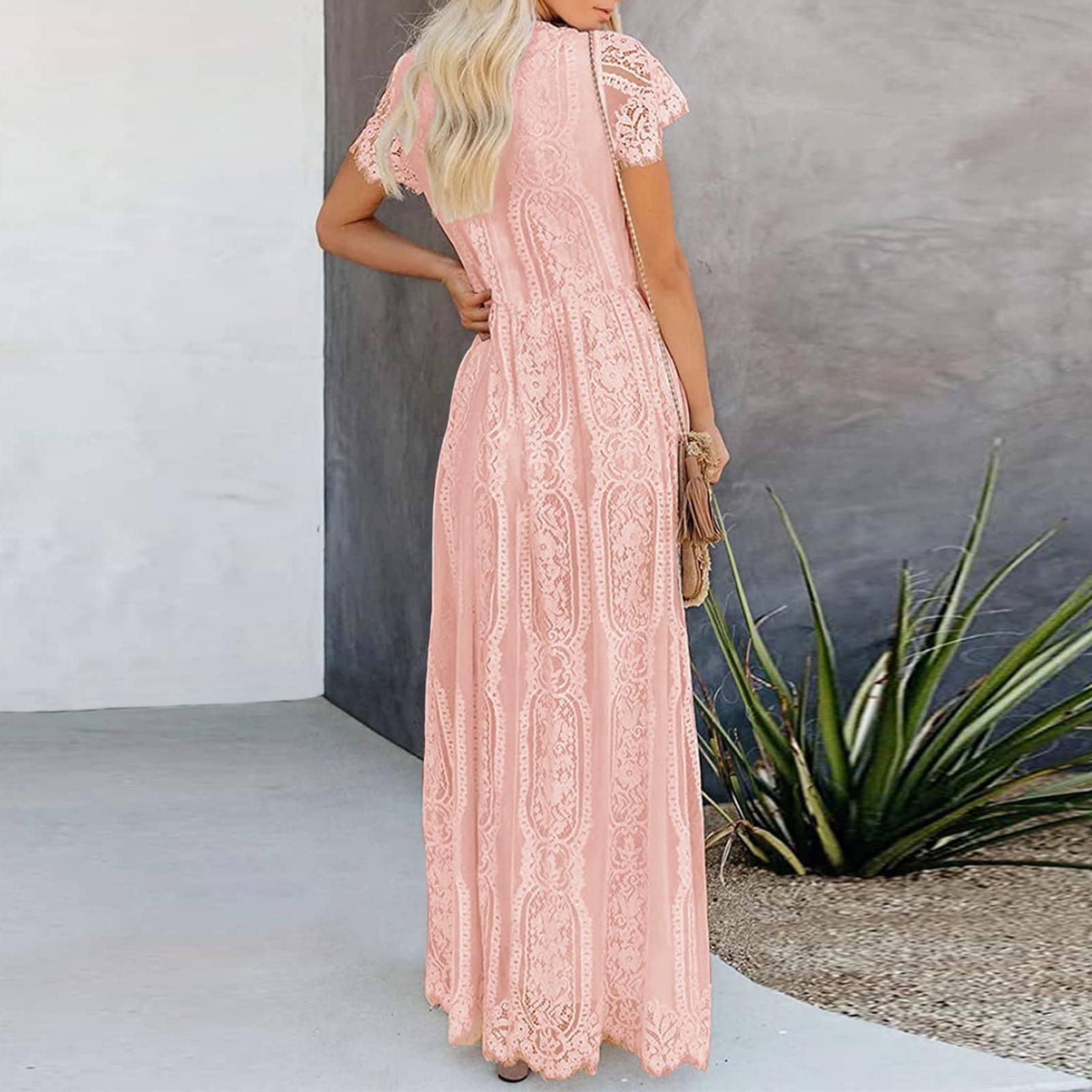 Elegant RKSTN Summer Maxi Dress for Women - V-Neck Short Sleeve Floral Lace Dress | Wedding Guest, Bridesmaid & Prom Long Dress 2024 | Perfect for Beach Parties, Garden Weddings & Formal Events