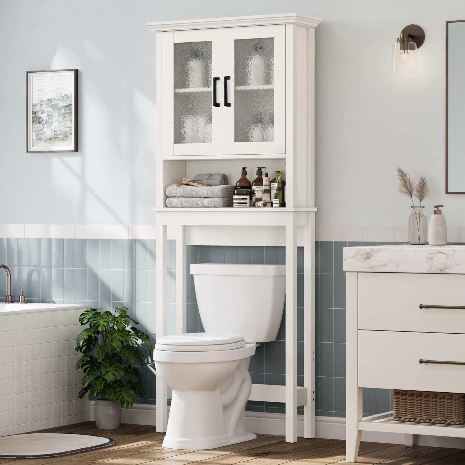 Over The Toilet Storage Cabinet with Doors & Adjustable Shelf - Thick Frame Bathroom Organizer for Above/Behind Toilet - Cream White - Perfect for Small Bathrooms, Apartments & Space-Saving Storage