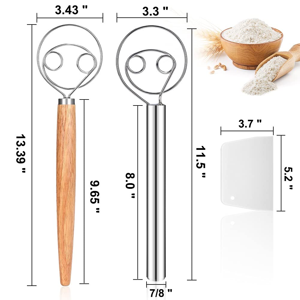 Premium 2-Pack Danish Dough Whisks Set - Stainless Steel & Wooden Handle Dough Mixers with 2 Dough Scrapers (13x3.4 Inch) - Perfect for Baking Bread, Cookies, Pastries & Pizza Dough - Silver Kitchen Tools for Home Bakers & Professional Chefs