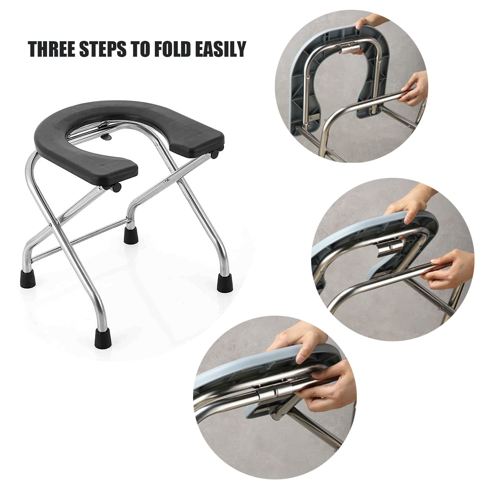 Foldable Portable Toilet Chair for Camping & Hiking - U-Shaped Stainless Steel Stool with 17