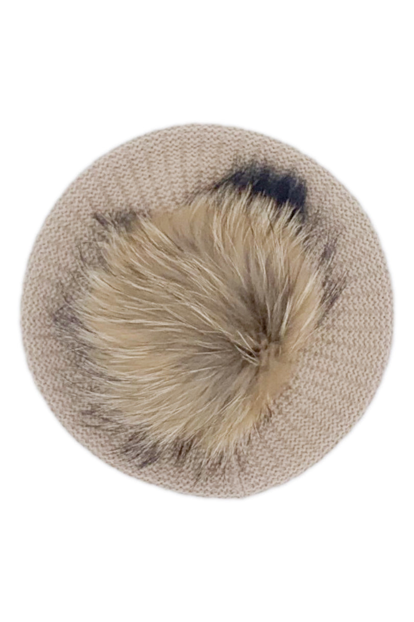 Camel Knit Faux Fur Pom Pom Beret Hat - Winter Warm Fashion Beanie for Women - Perfect for Outdoor Activities, Travel & Cold Weather