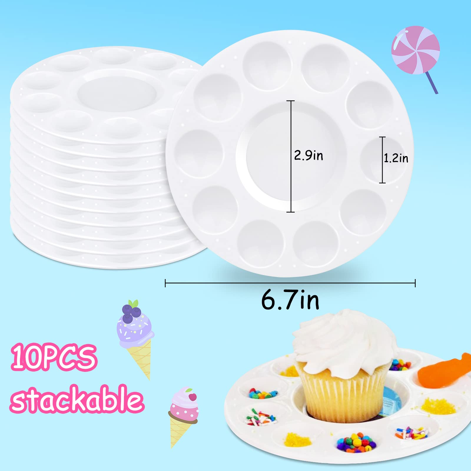 AIERSA 10-Piece Cupcake Decorating Plates Set for Kids Birthday Parties - Non-Slip Dessert Sprinkles Tray with 10 Wells - Fun Baking Supplies for Birthday Cakes, Cupcakes & Party Treats - Perfect for DIY Decorating, Classroom Activities & Family Baking Time