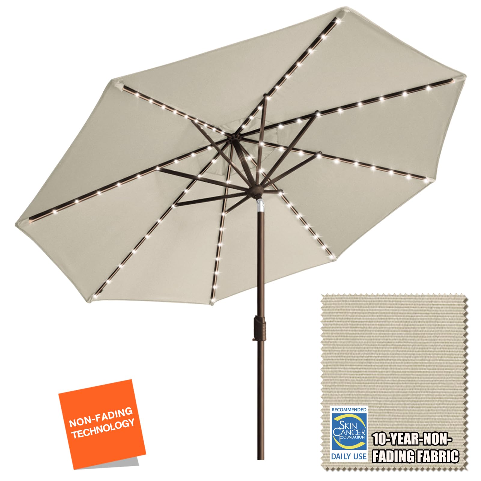 EliteShade 10-Year Fade-Resistant 9ft Solar LED Patio Umbrella with 80 Lights & Ventilation - Antique Beige Outdoor Market Umbrella for Garden, Poolside, Restaurant & Backyard Dining