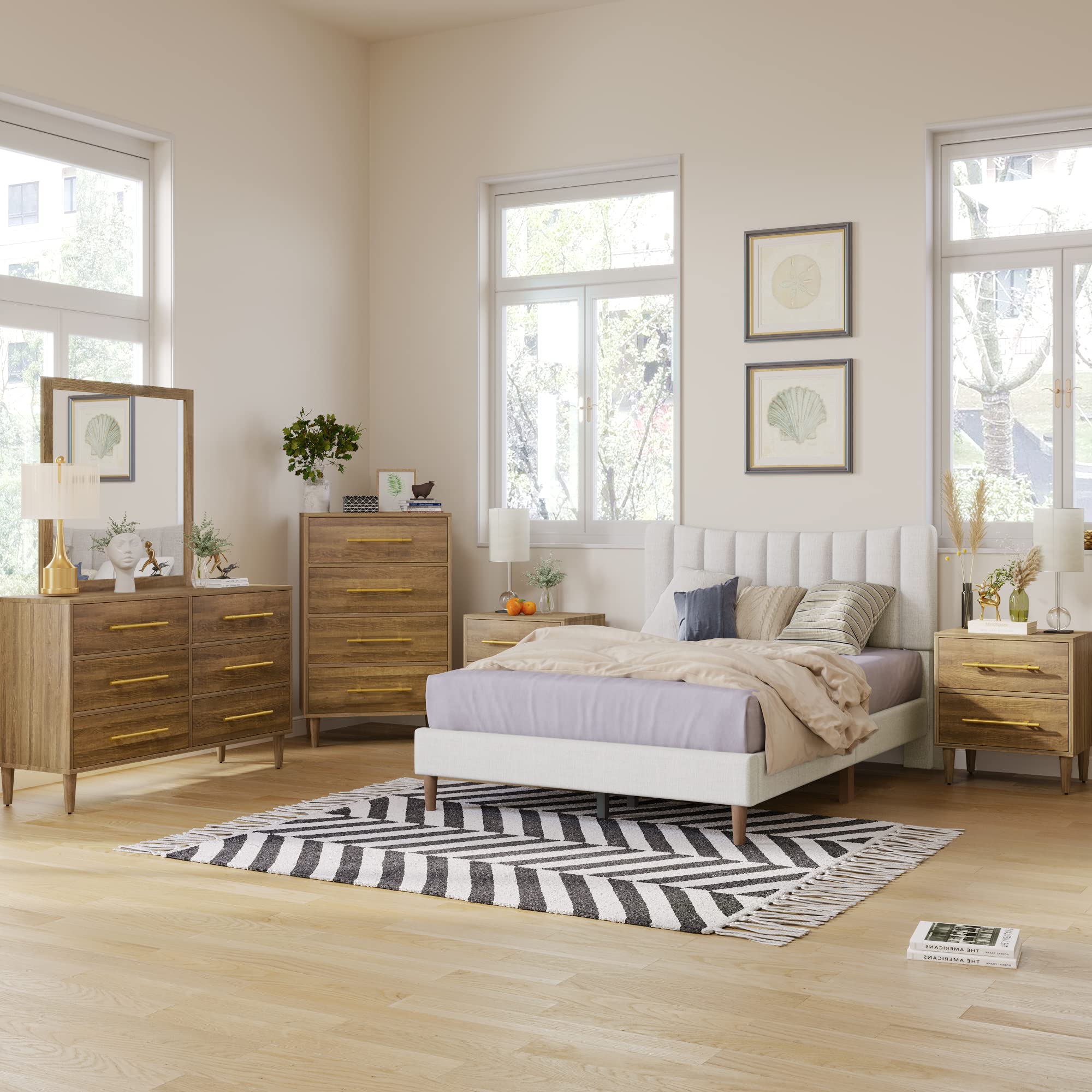 Melpomene 6-Piece Mid-Century Modern Bedroom Set - 2-Drawer Nightstand, 4-Drawer & 6-Drawer Dresser, Wood Mirror & Full Cream Bed - Perfect for Vintage Style Master Bedrooms & Guest Rooms