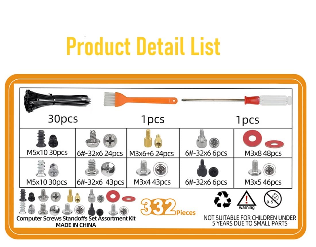 ZHHSUNY 332-Piece PC Screw Standoff Kit for Computer Case, Hard Drive, Motherboard, Cooler Fan & Graphics Cards - Perfect for PC Building, Upgrades & Repairs