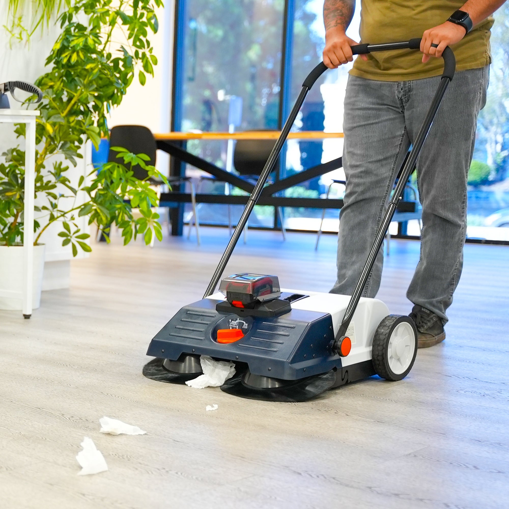22V Battery Powered Push Sweeper with Dual Brush System - 18V Lithium Ion Cordless Floor Cleaner for Hardwood, Tile & Carpet - Ideal for Home, Office & Garage Cleaning