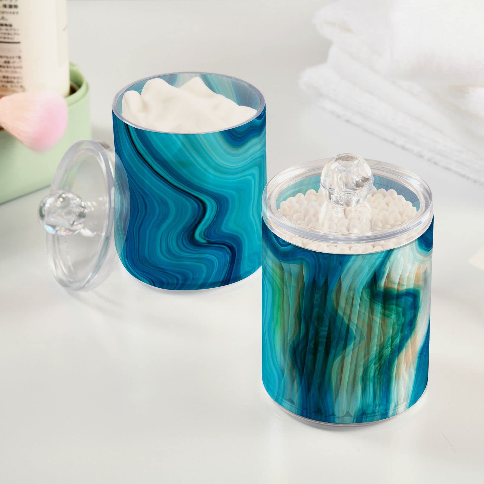 4 Pack Blue Marble Q-Tip Holder Organizer & Dispenser - Bathroom Vanity Storage Canisters for Cotton Swabs, Pads, Floss | Apothecary Jars for Countertop, Medicine Cabinet & Makeup Station Organization